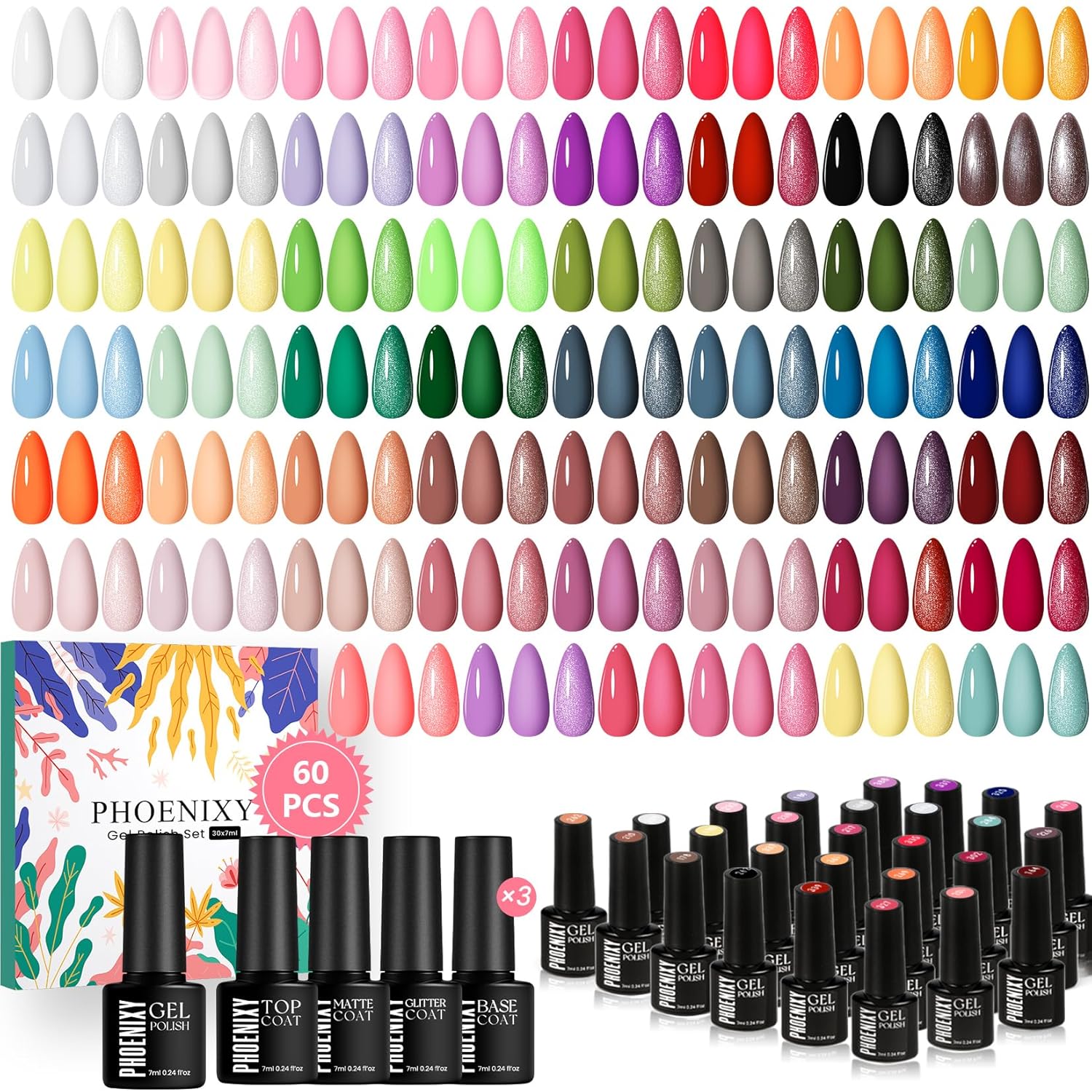 phoenixy 60 Pcs Gel Nail Polish Set, 54 Colors Gel Nail Polish Pink Red Black Base Coat Glossy Matte Glitter Top Coats for Beginner Starter