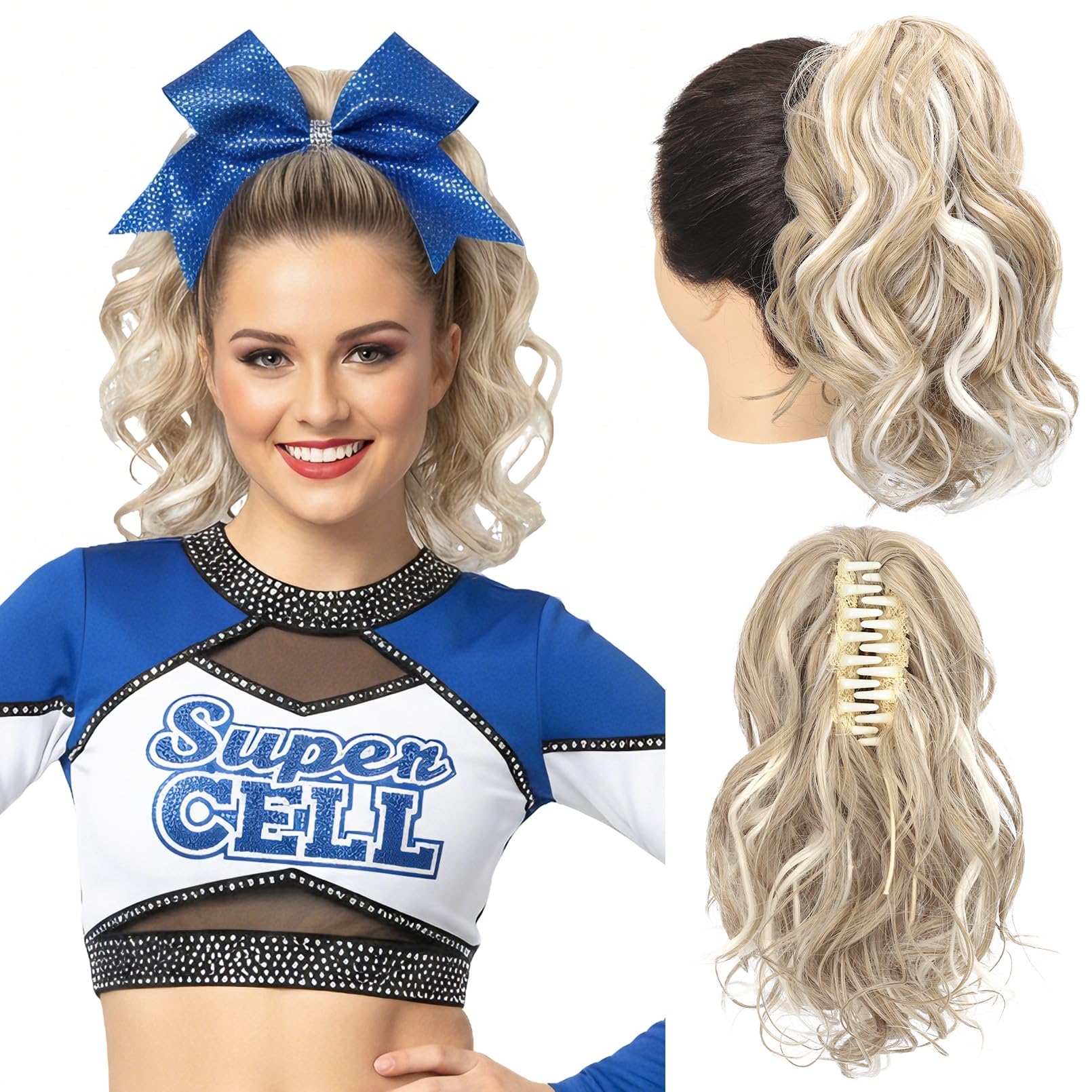 SEIKEA 10" Highlight Ponytail Extension Claw Short Thick Wavy Curly Jaw Clip in Fake Pony Tails Fake Hair Soft Natural Looking Synthetic Hairpiece for Women Dark Medium Blonde/White Blonde Highlights