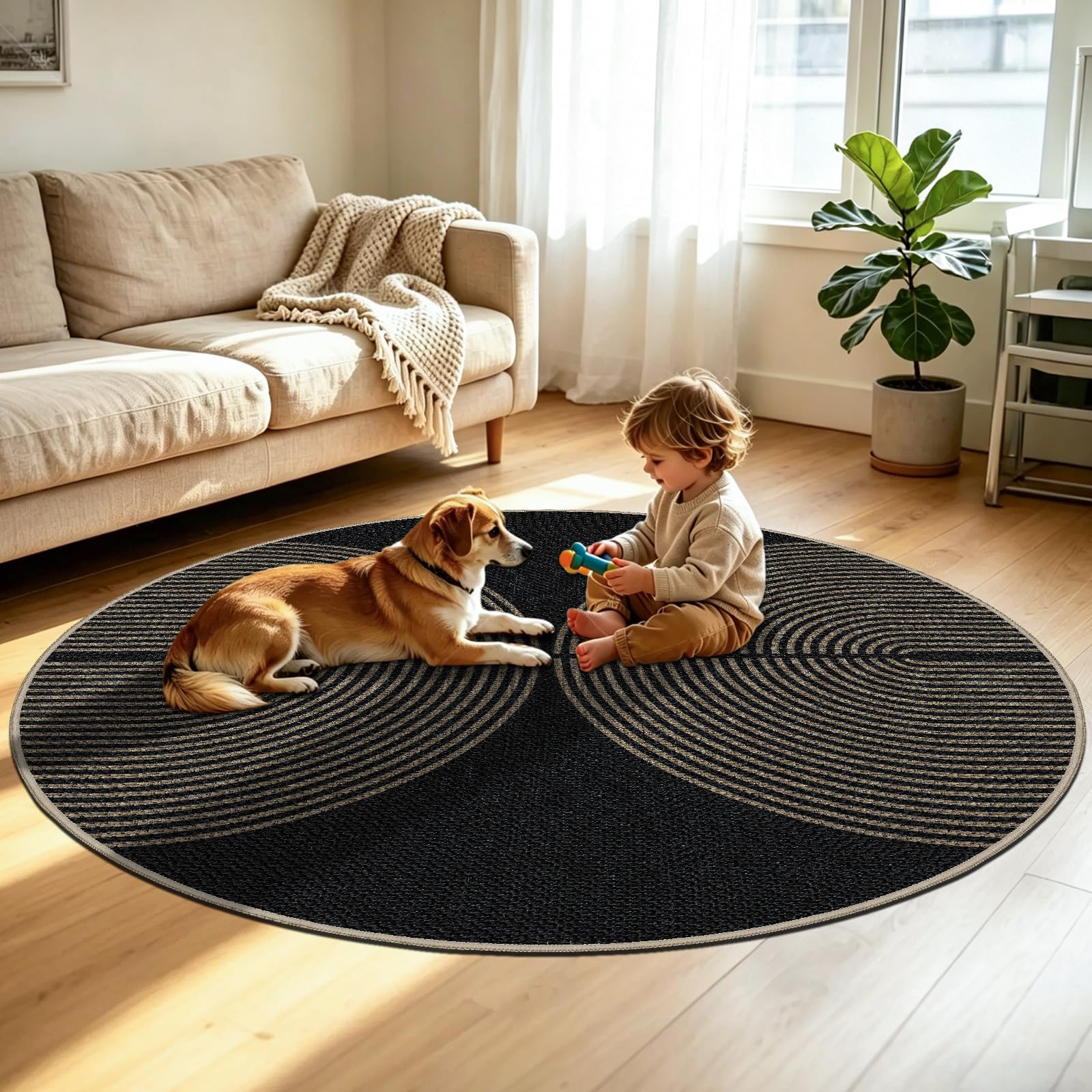Capslpad Tapis d'extérieur, rond, 160 cm, aspect jute, résistant aux intempéries, lavable, antidérapant, naturel, pour salon, balcon, terrasse, cuisine, jardin - Couleur : noir/naturel