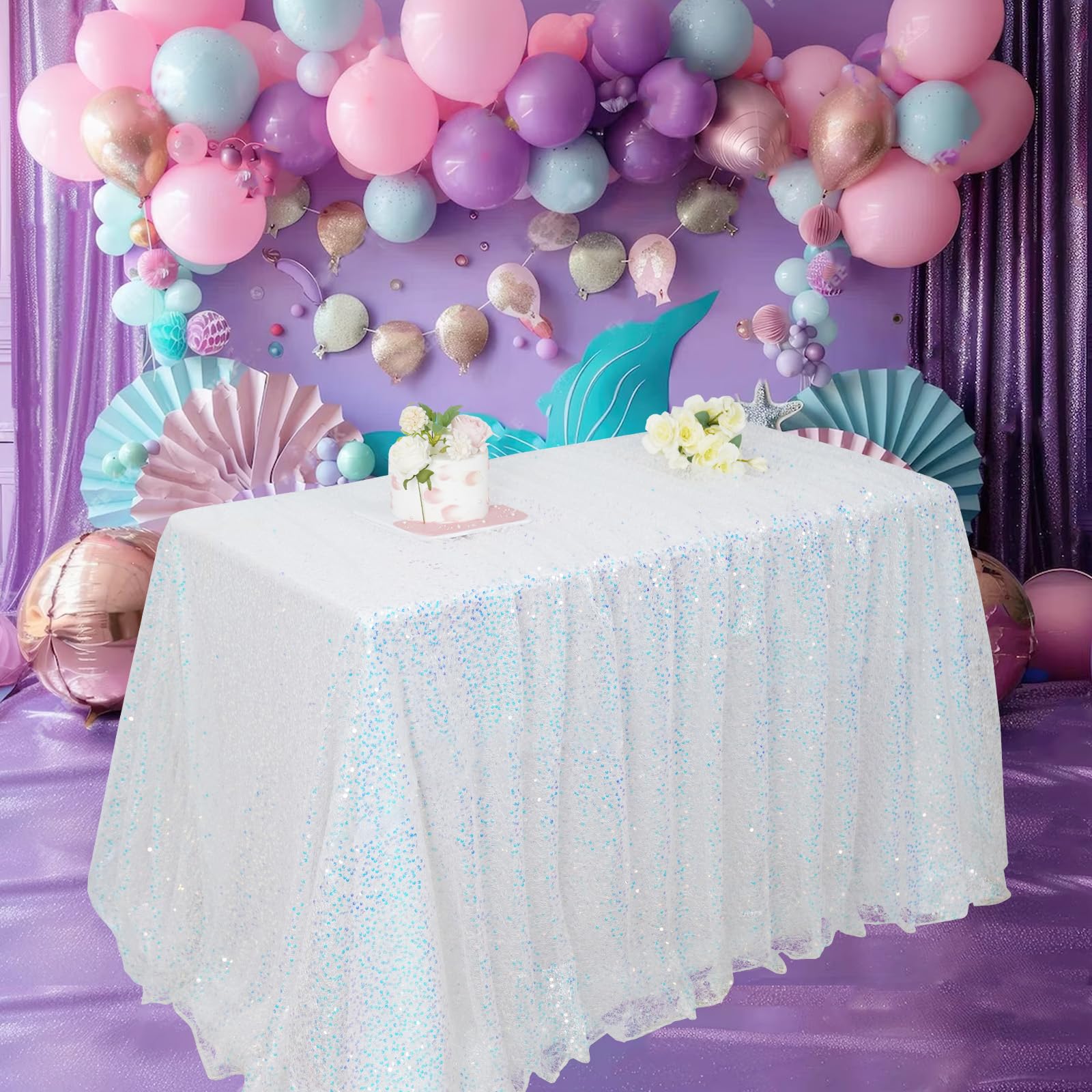 Poise3EHome White Iridescent Sequin Tablecloth 50x102 inch Sequin Iridescent Table Cover Sparkly Sheer Tablecloth for Wedding Mermaid Birthday Party Decorations