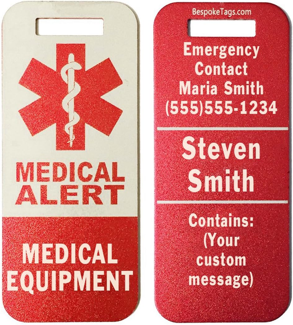 Medical Alert Tag"Medical Equipment" - Customized Engraved Info (Red)