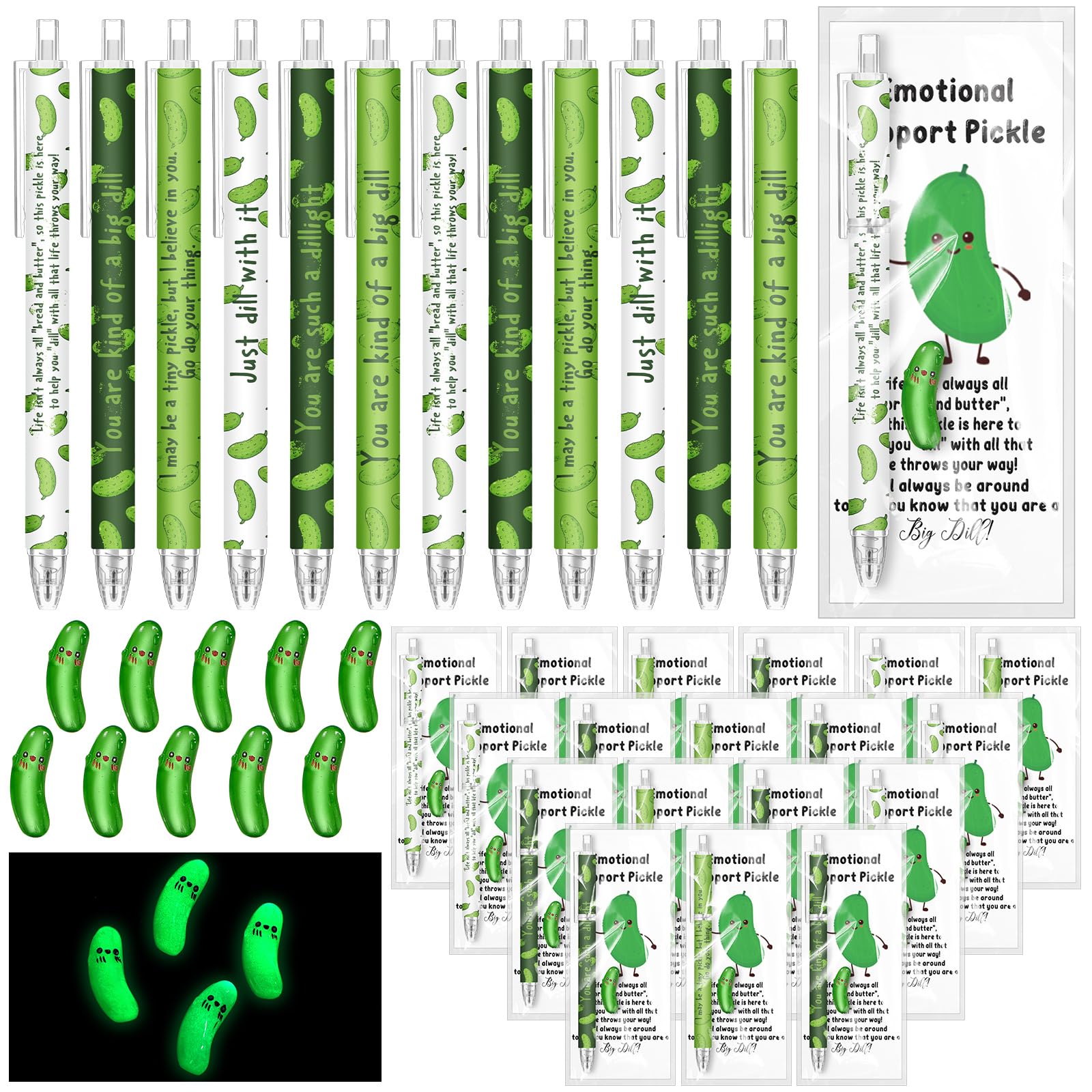 Sayglossy 36 Set Emotional Support Pickle Gift, Include Ballpoint Pens, Mini Resin Pickle, Inspirational Cards, Funny Motivational Employee