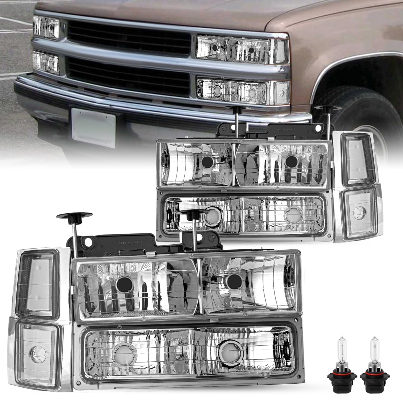 JSBOYAT 8PCS Headlight Assembly for 1994-1998 Chevy Silverado Tahoe Suburban C10 C/K 1500 2500 3500 Replacement w/Bulbs Chrome & Clear