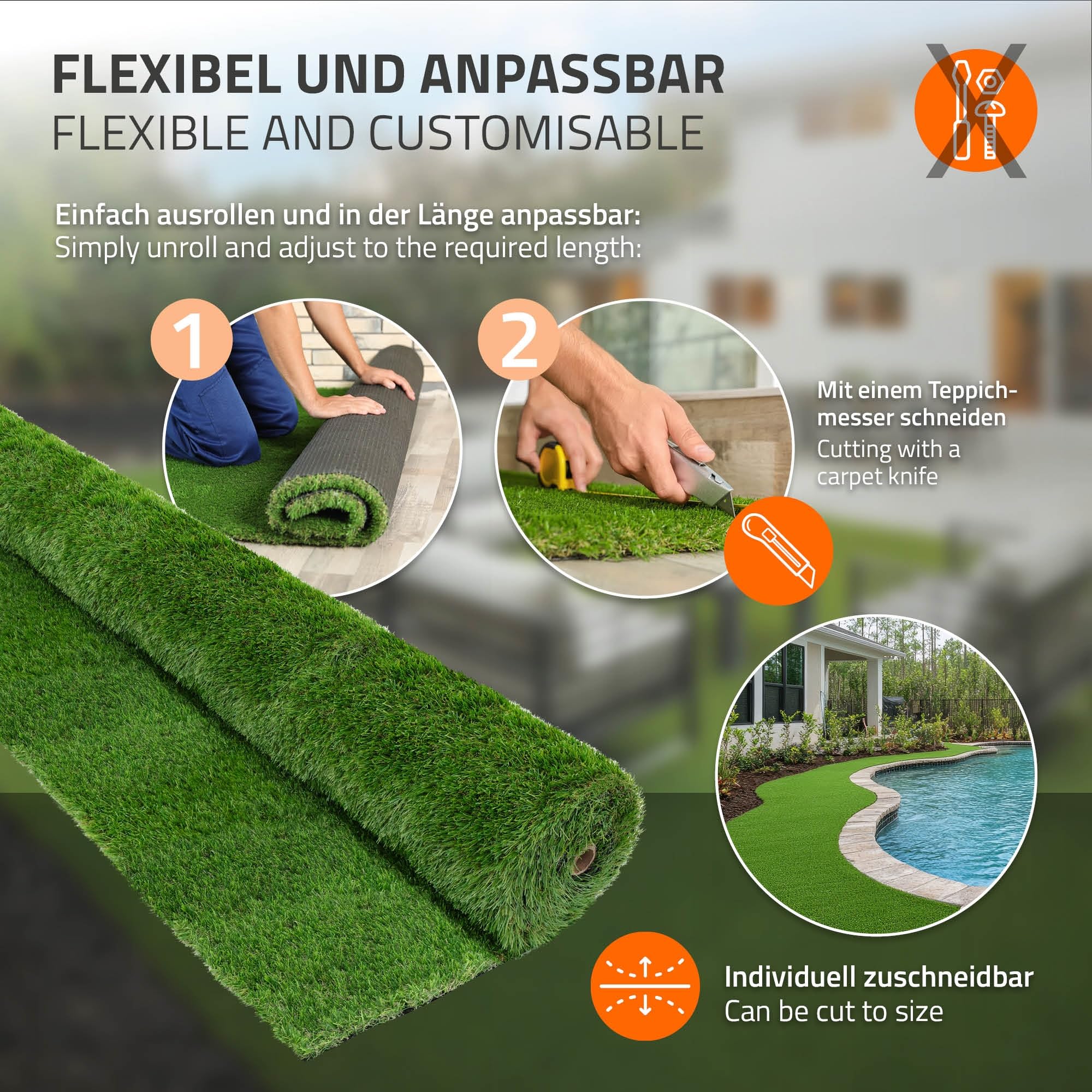 ECD Germany Synthetic Grass 18 mm Roll 15 m² (1.5 x 10 m), Green Multinuanced, Quick Drainage and Easy to Cut, Weatherproof, Artificial Grass Grass Fake Floor Covering - 5