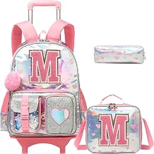HTgroce Cute Rolling Backpack with Wheel,School Backpack for Kids Girl Roller Schoolbag Wheeled Backpacks Set Carry-on Luggage,Pink M