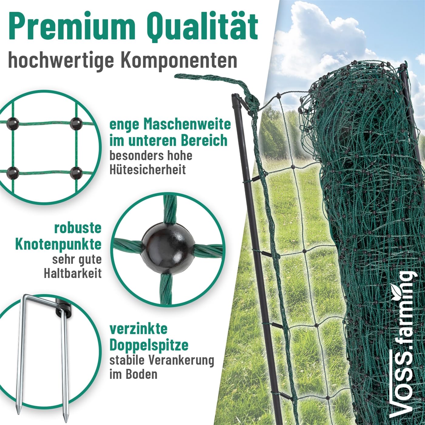 VOSS.farming Rete pollame farmNET per recinzioni Non elettrificabili, 112 cm di Altezza e 25 m di Lunghezza, a Punta Doppia, Dotata di 9 Pali, Colore Verde