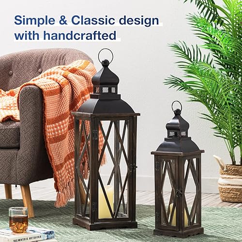 Miniatura 4 de Glitzhome Juego de 2 faroles decorativos de madera y metal para colgar en el patio, color negro (sin vidrio)