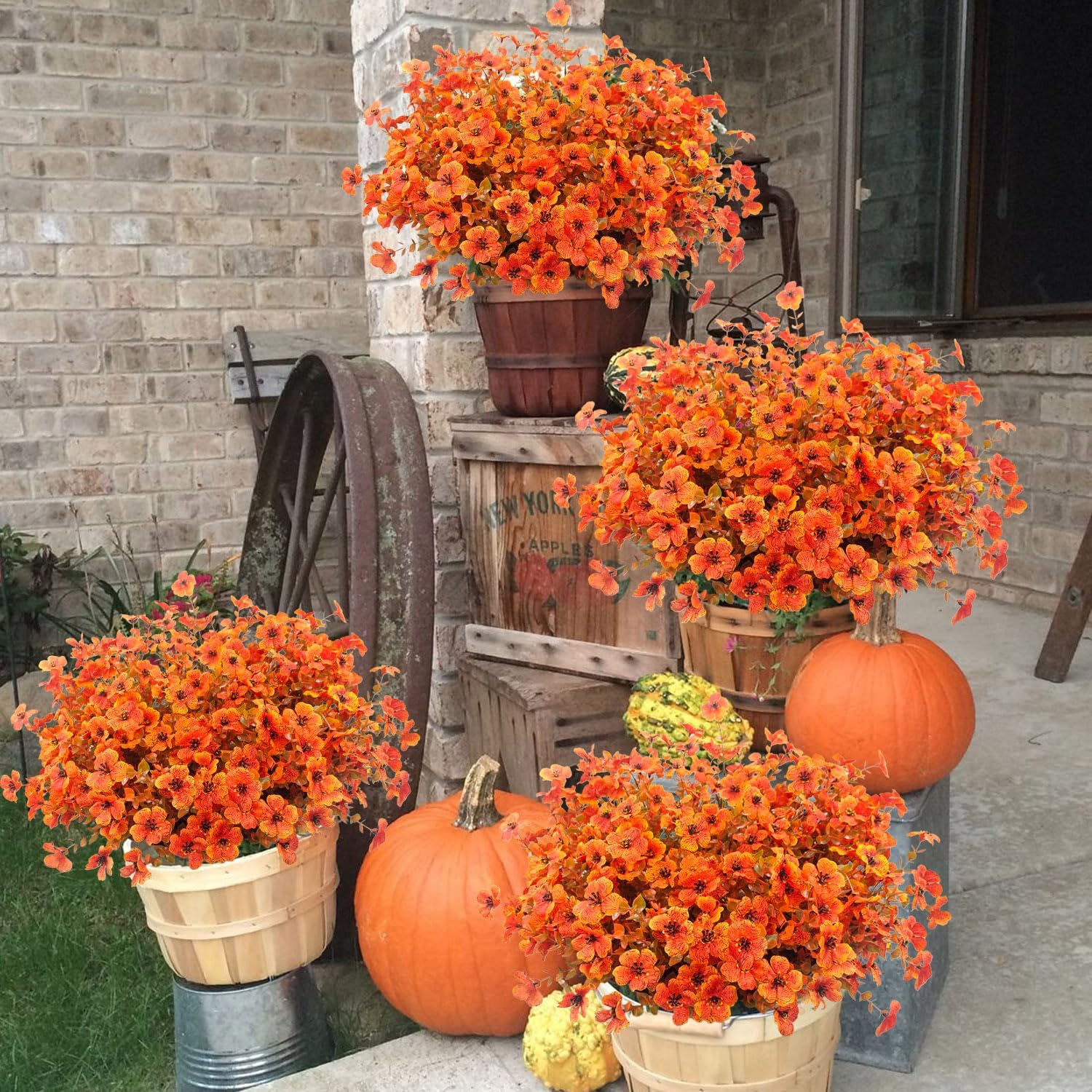 Artificial Mums Fall Flowers for Outdoors, 12 Bundles Faux Mums UV Resistant Fake Fall Plants Plastic Greenery Autumn Decor for Outside Garden Porch Patio Hanging Planter (Orange Green) - Image 3