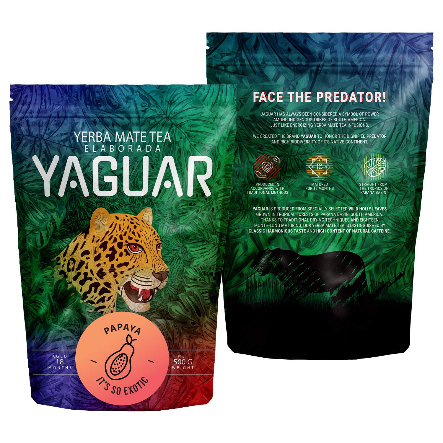 Yaguar Papaya,Yerba Maté du Brésil,500g, papaye, mangue, calendula et citronnelle, caféine naturelle, Avec vitamines, minéraux, antioxydants, Pour débutants et avancés | Infusion polyvalente chaude ou glacée