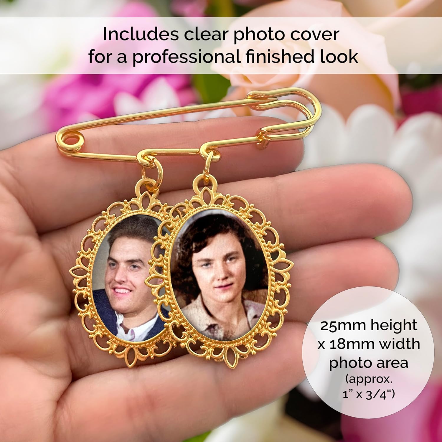 Gold Wedding Bouquet Photo Charm Pin Holds 2 Pictures Double Photo Charm Boutonniere Pin with Resizer - Image 2
