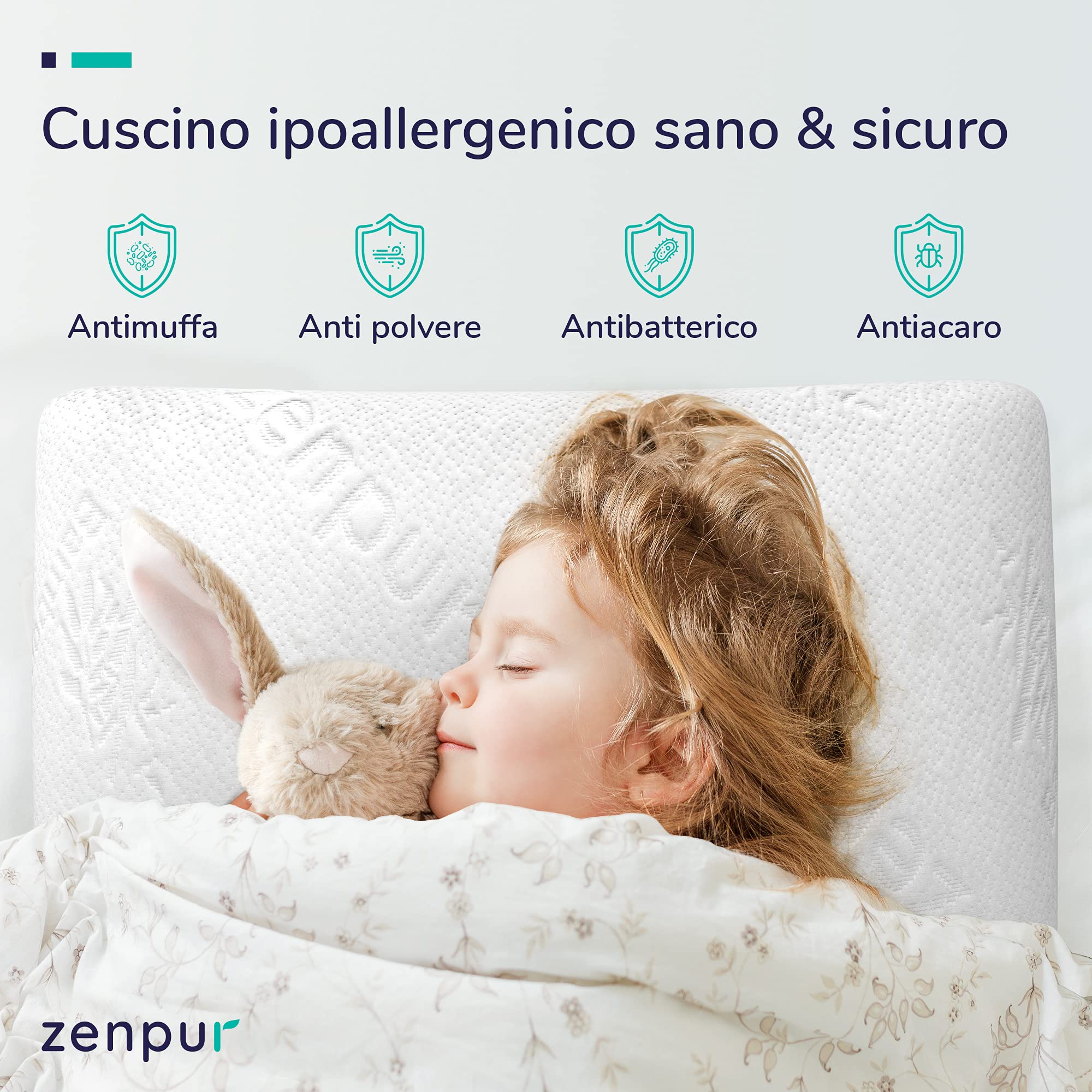 ZenPur cuscino memory - Cuscino ortopedico letto, fodera in bambù Prodotto in EU, Comodo per chi dorme sul fianco e soffre di cervicale, Allineamento ottimale di collo, spalle e colonna vertebrale