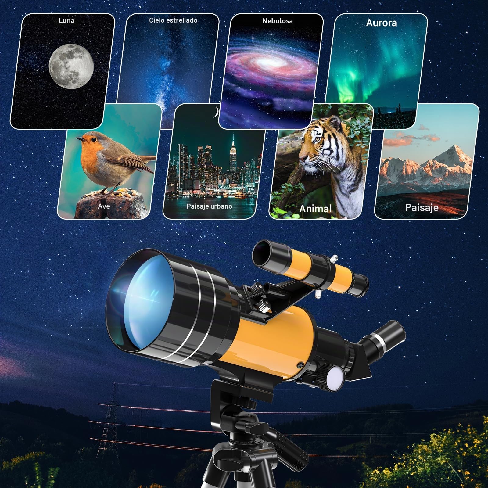 Telescopio 70 MM, Apertura 400 MM (20X-200X), Telescopio Astronómico Refractor, Alta Transmisión FMC, Trípode, Adaptador de Teléfono, Remoto, Regalos de Astronomía para Niños Adultos Principiantes