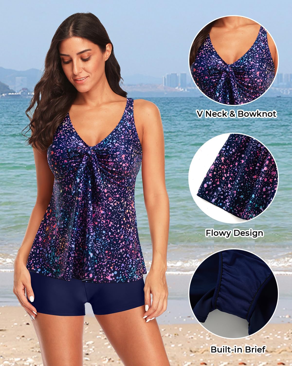 Yonique Women 2 Piece Flowy Tankini Swimsuits with Boyshorts V Neck Swim Tank Tops Bathing Suits Modest Swimwear - Image 4