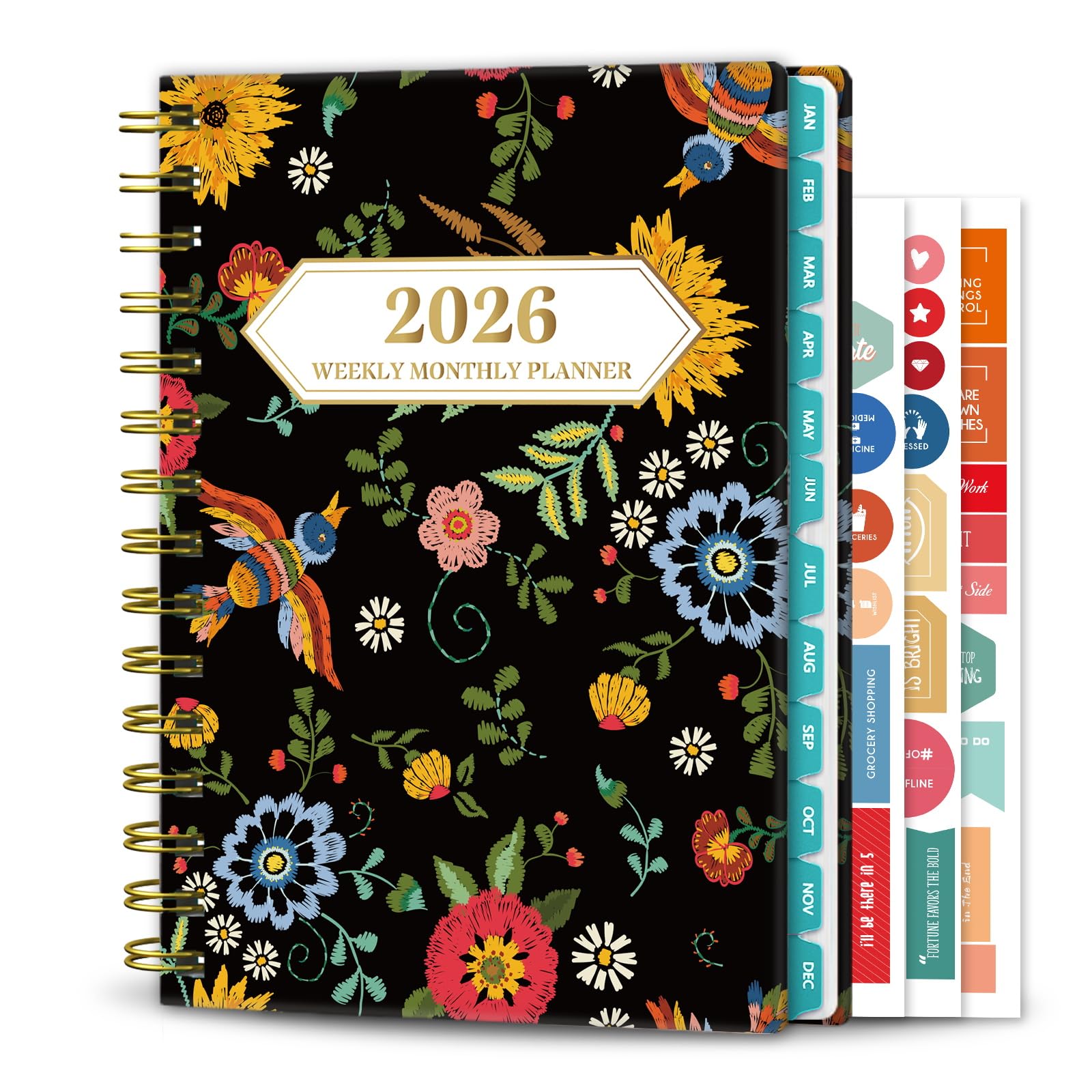 Ymumuda Agenda 2025, 12 mesi, settimanale, mensile, giornaliera, da gennaio 2025 a dicembre 2025, 21,3 x 15,2 cm, agenda a spirale con adesivi, chiusura elastica, tasca interna, ricamo con uccelli