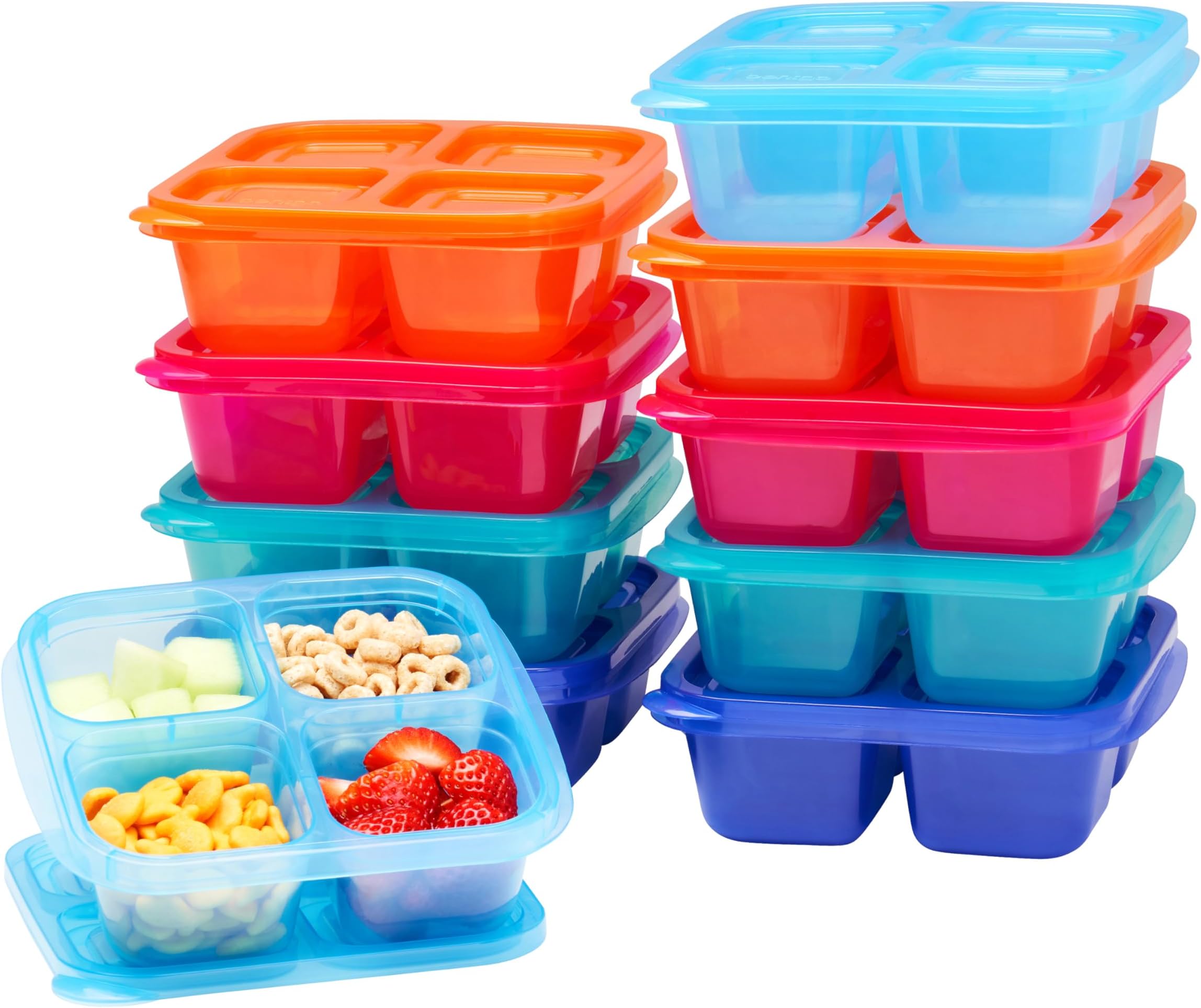 Easyboxes 4-Compartment Snack Containers - 20-Piece Set with 10 Trays & 10 Custom-Fit Lids to Seal in Freshness - Reusable Food Storage & Meal Prep Bento BPA-Free Containers (Jewel Brights)