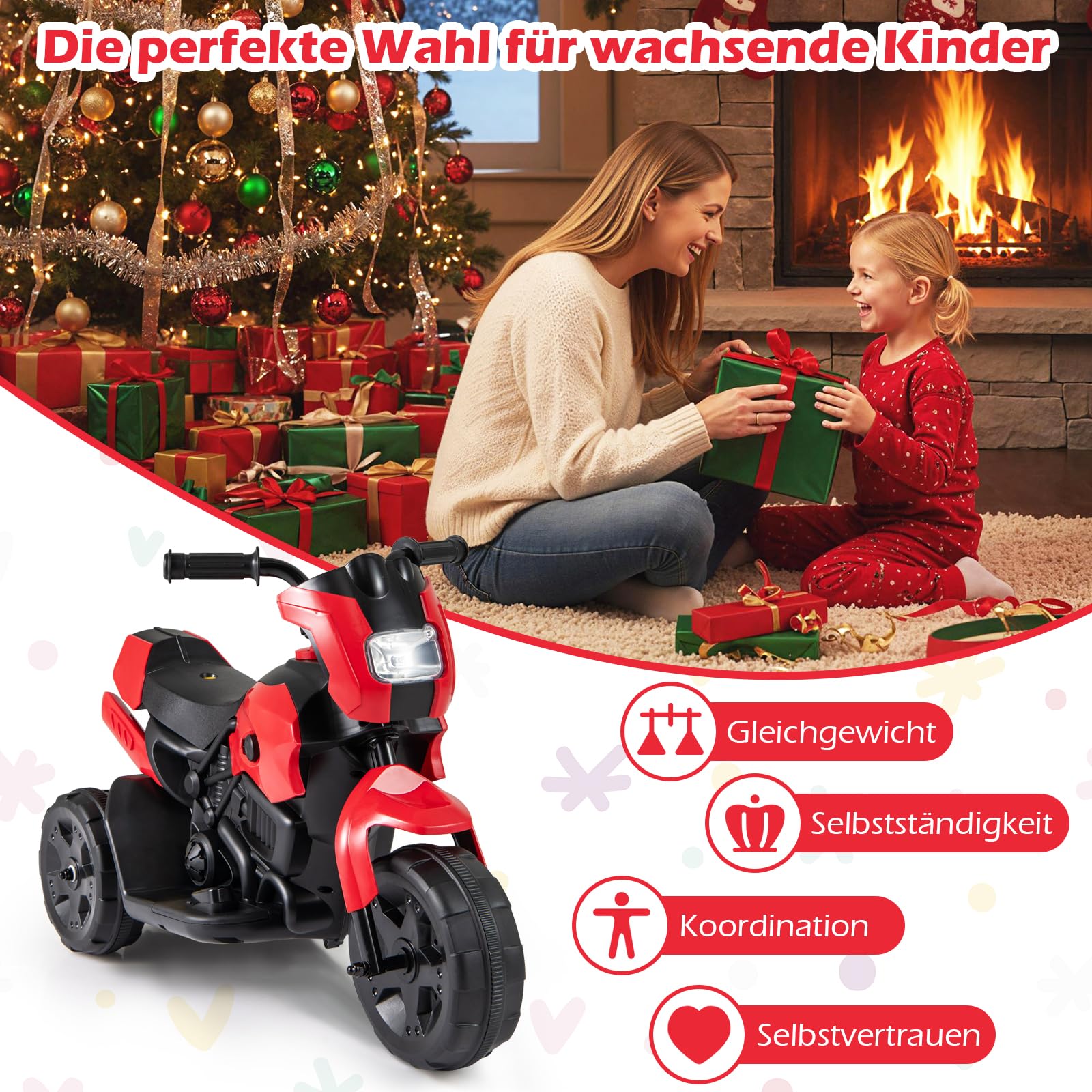 COSTWAY Elektryczny motocykl dziecięcy, 6 V, elektryczny z reflektorem LED i pedałem, 2-3 km/h, trójkołowy motocykl elektryczny dla chłopców i dziewczynek od 3 lat (czerwony)
