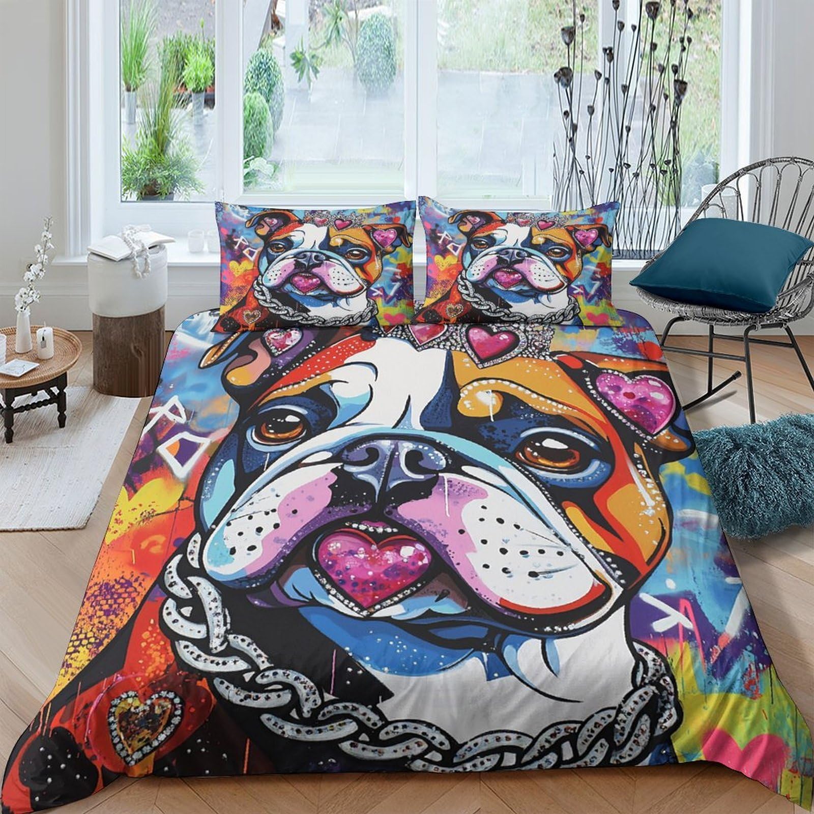 Ctjqhvkz Style-2 3D Printed Colorful Bulldog Fitted Sheet Microfiber Soft Breathable Graffiti Dog Bed Cover For Bedroom Decor Single（135X200cm）