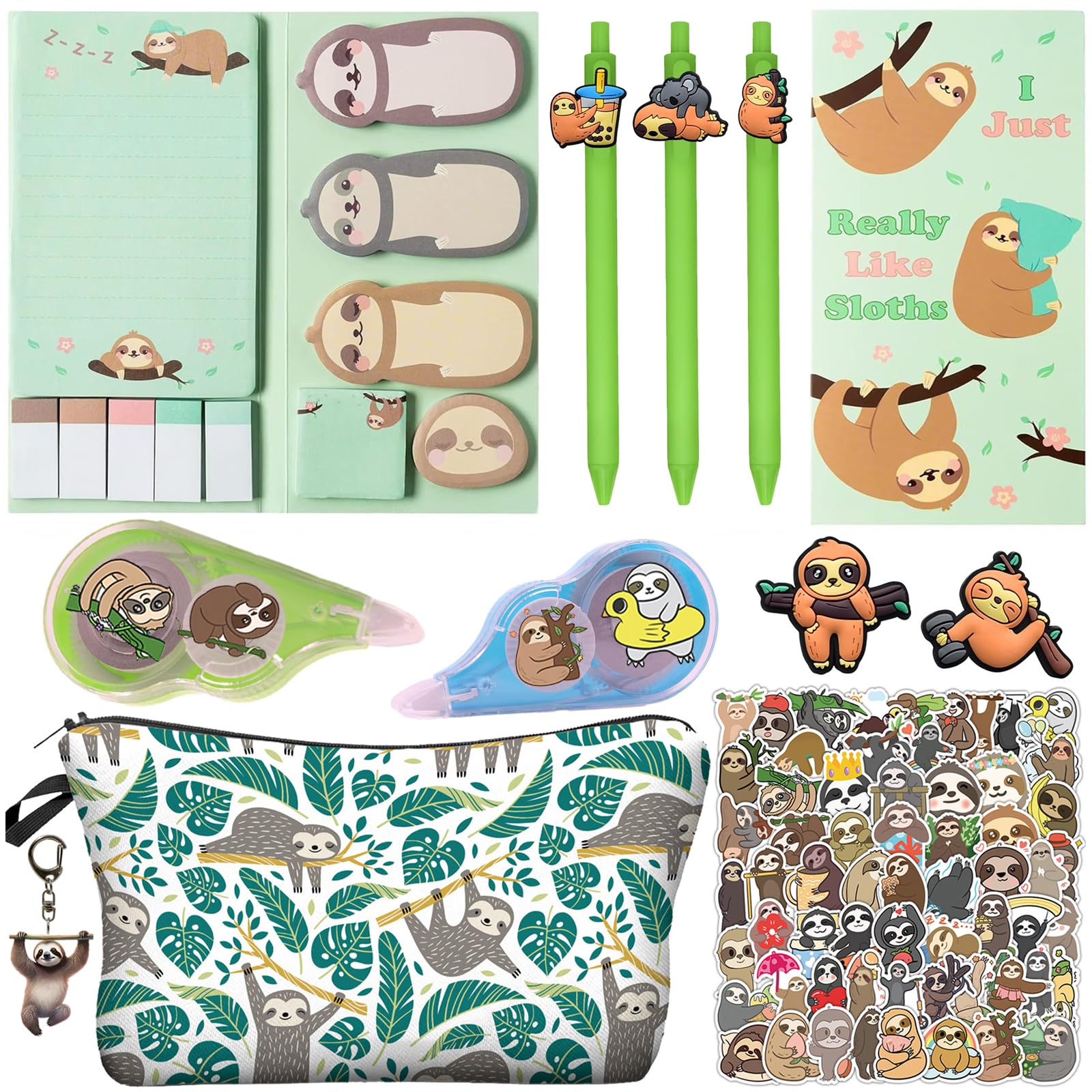 WILLMYGO Sloth Party Stationery Gifts Set with Pencil Case Sticky Notes Ballpoint Pens Correction Tape Keychain and Stickers for Sloth Theme School Office Supplies Decoration Carnival Prizes