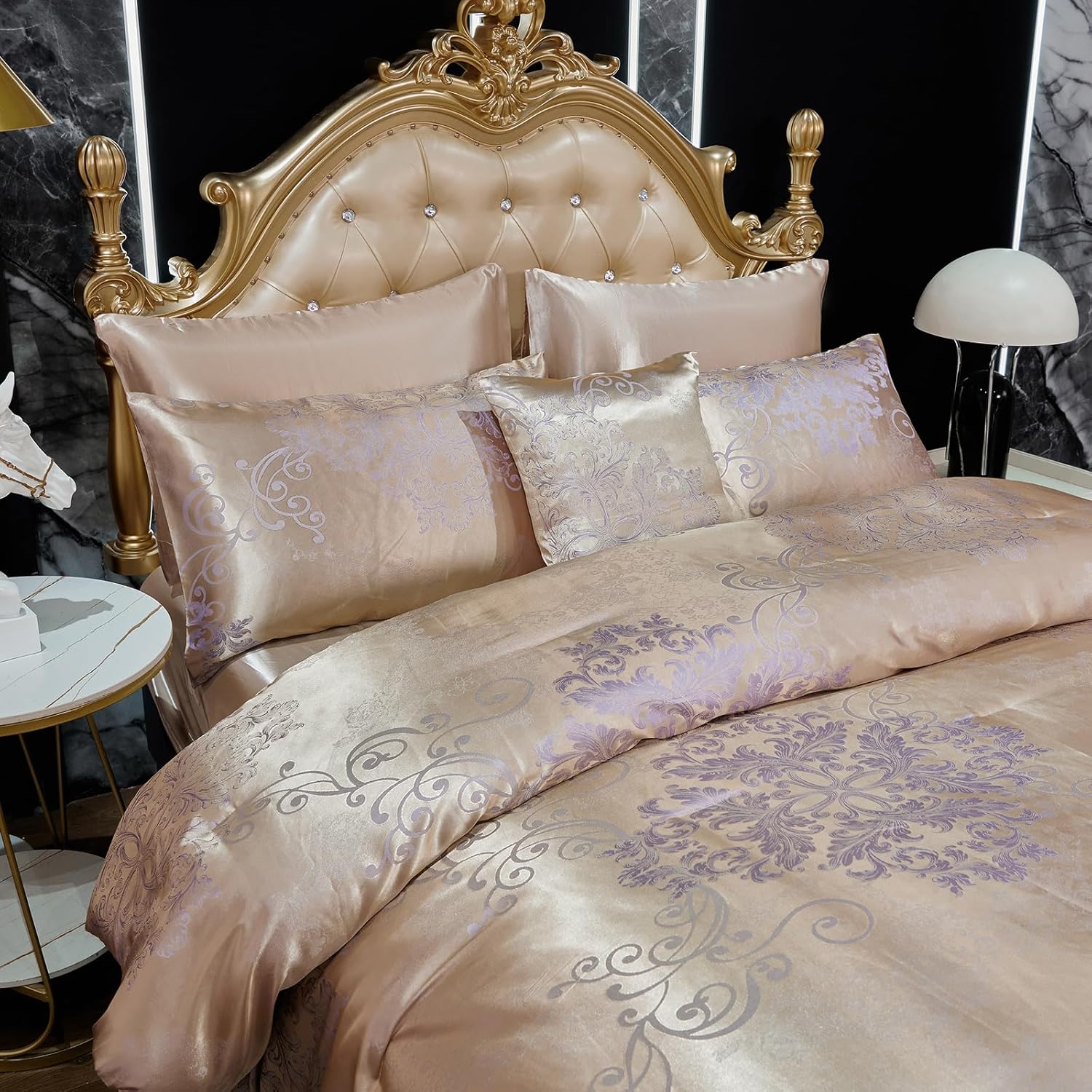 Jacquard King Comforter Set with Sheet Set Gold Bedding Set 8 Pcs Embroidery Neoclassical Floral Pattern Bed Home Decor Soft Down Comforter Luxury Hotel Silky Bed in a Bag with 1 Cushion Cover - Image 4