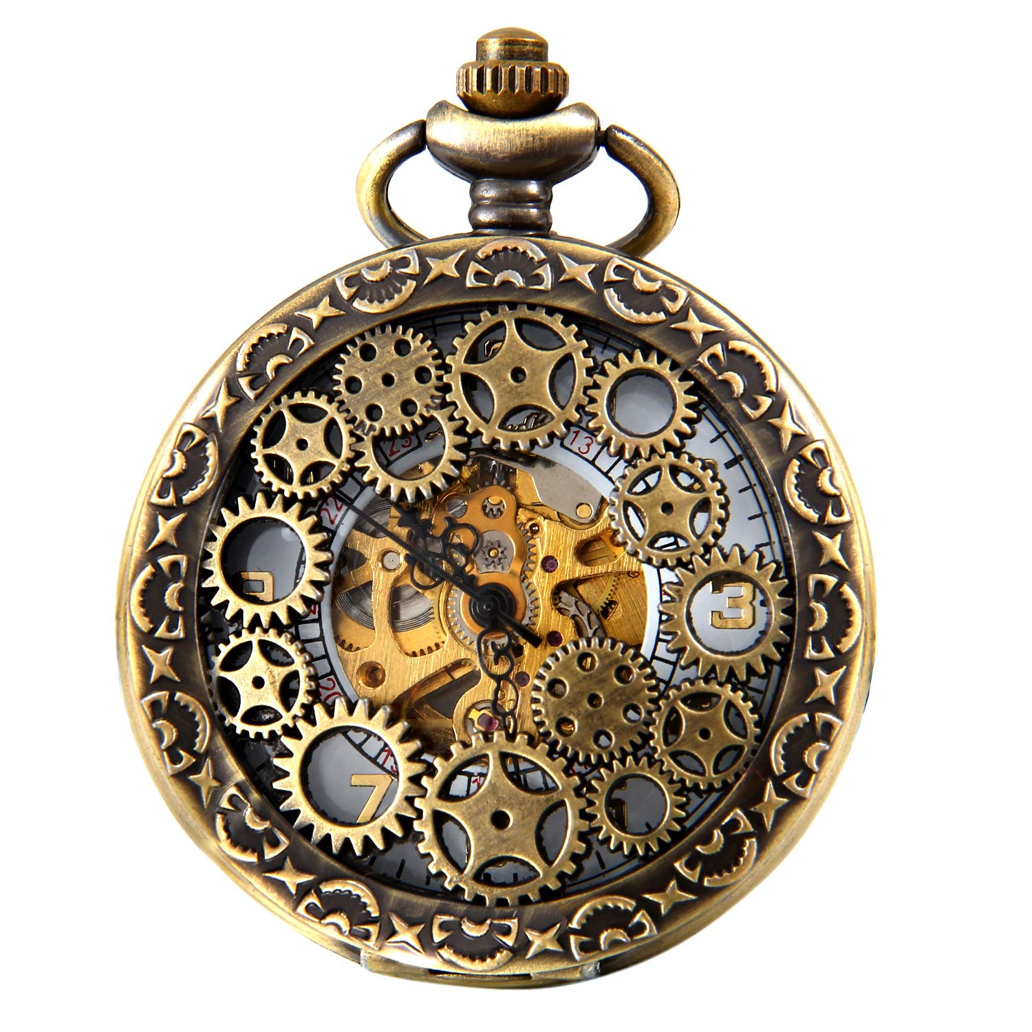 JewelryWe Steampunk Classic Antique Half Hunter Hollow Gear Wheel Skeleton Hand Wind Mechanical Pocket Watch with Chain