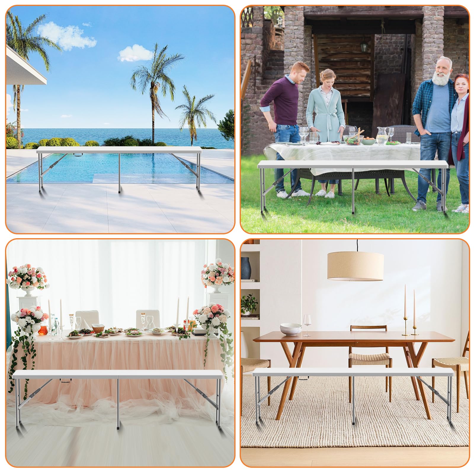 Banco plegable de 6 pies, banco de plástico plegable con asa y mesa de polietileno de alta densidad suave, asiento de picnic portátil en exteriores, camping, comedor, paquete de 2, color blanco 7
