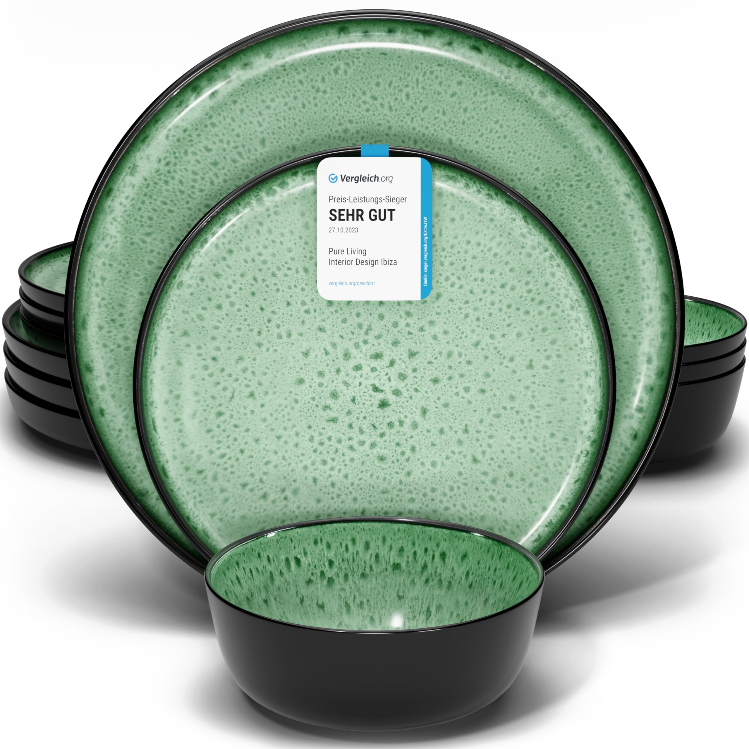 PURE LIVING INTERIOR DESIGN Ibiza Stoneware Crockery Set for 6 People, 18 Pieces, Test Very Good, Stoneware Crockery Set for Dishwasher and Microwave, Plate Set, Dinner Service by Black in Sage Green