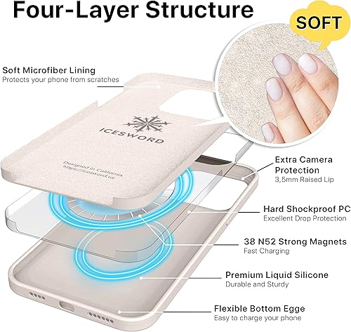 Miniatura 3 de IceSword Funda magnética para iPhone 14 Pro Max, funda de silicona de piedra carga rápida Imanes fuertes delgados, beige claro, crema nude, arena