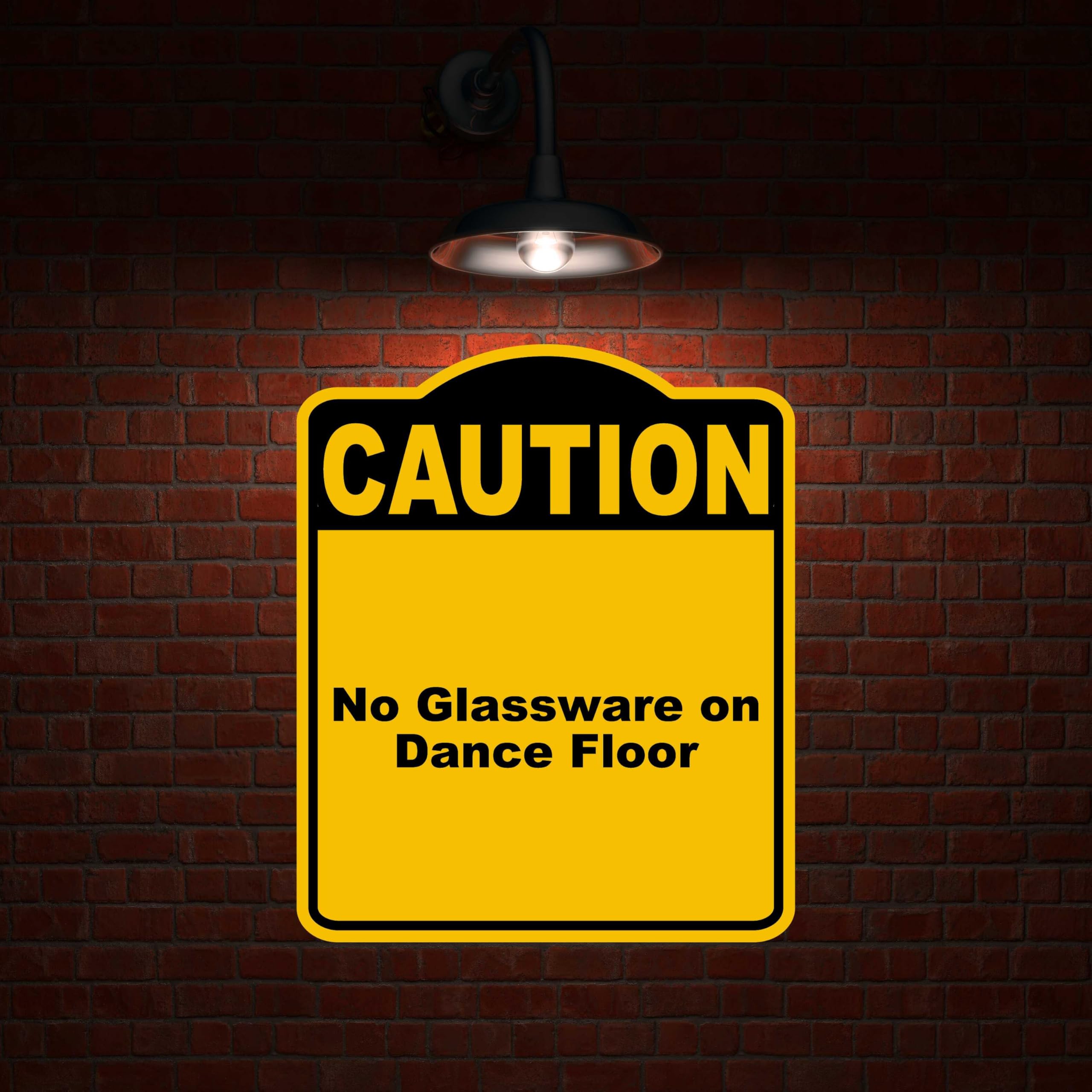 No Glassware on Dance Floor Caution Yellow Black Aluminum Composite Sign 8.5 x 10 inches