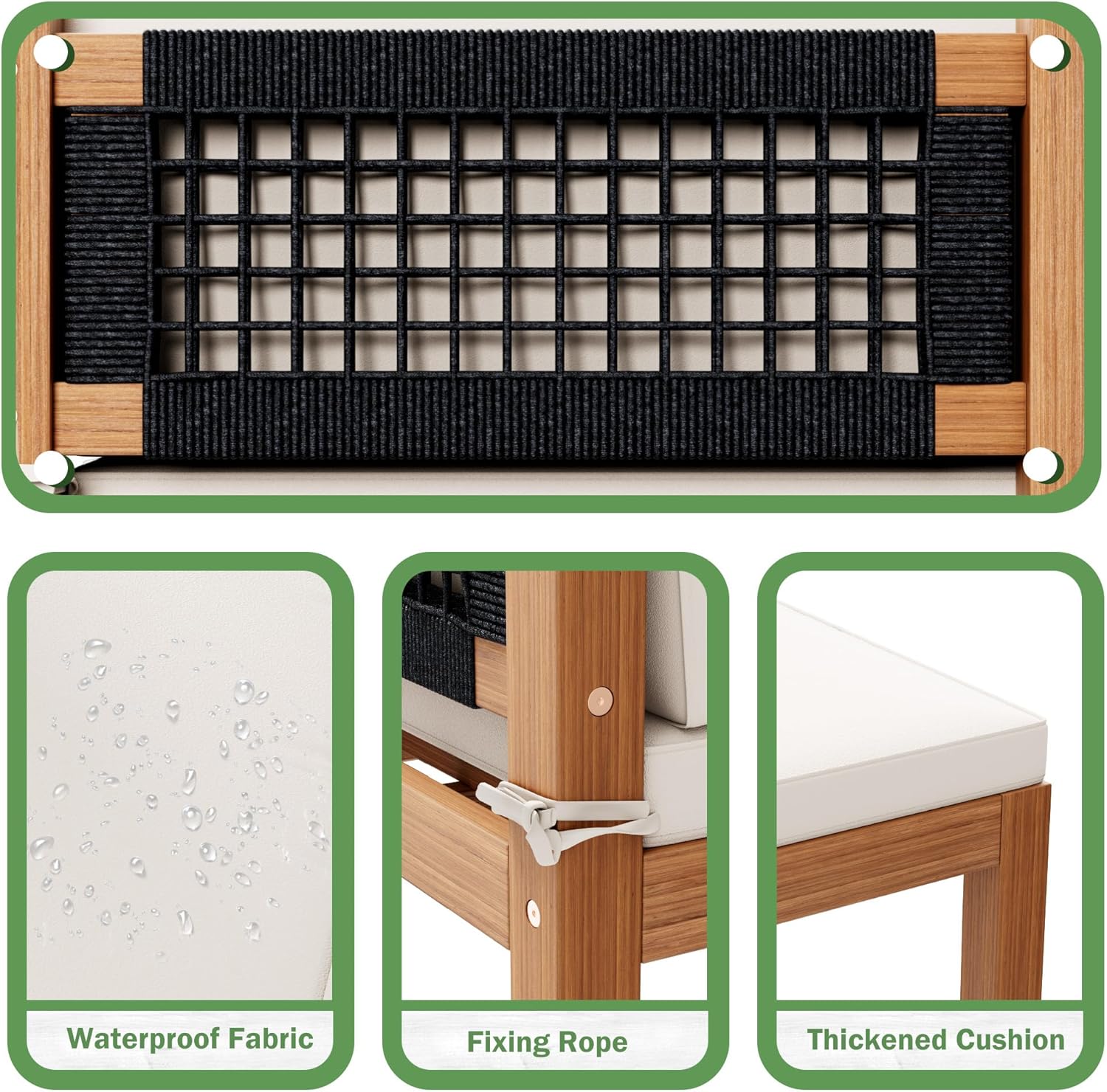 Waterproof fabric, fixing rope, and thickened cushion details