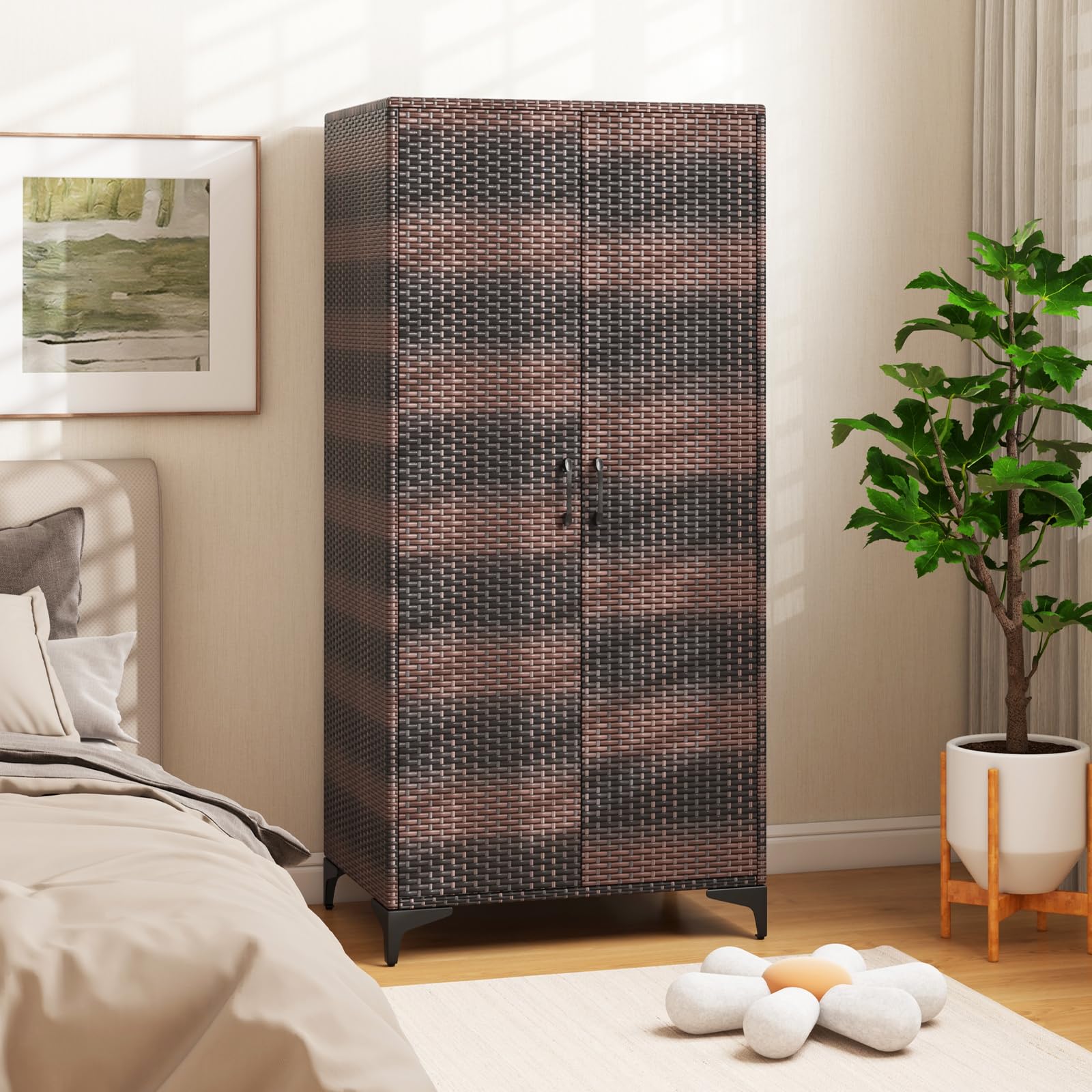KOMFOTTEU Gartenschrank aus Rattan, Aufbewahrungsschrank mit 5 Einlegeböden & Hängeregal, Terrassenschrank Geräteschrank mit Doppeltüren, Rattanschrank 72 x 50 x 157 cm (Mix Braun)