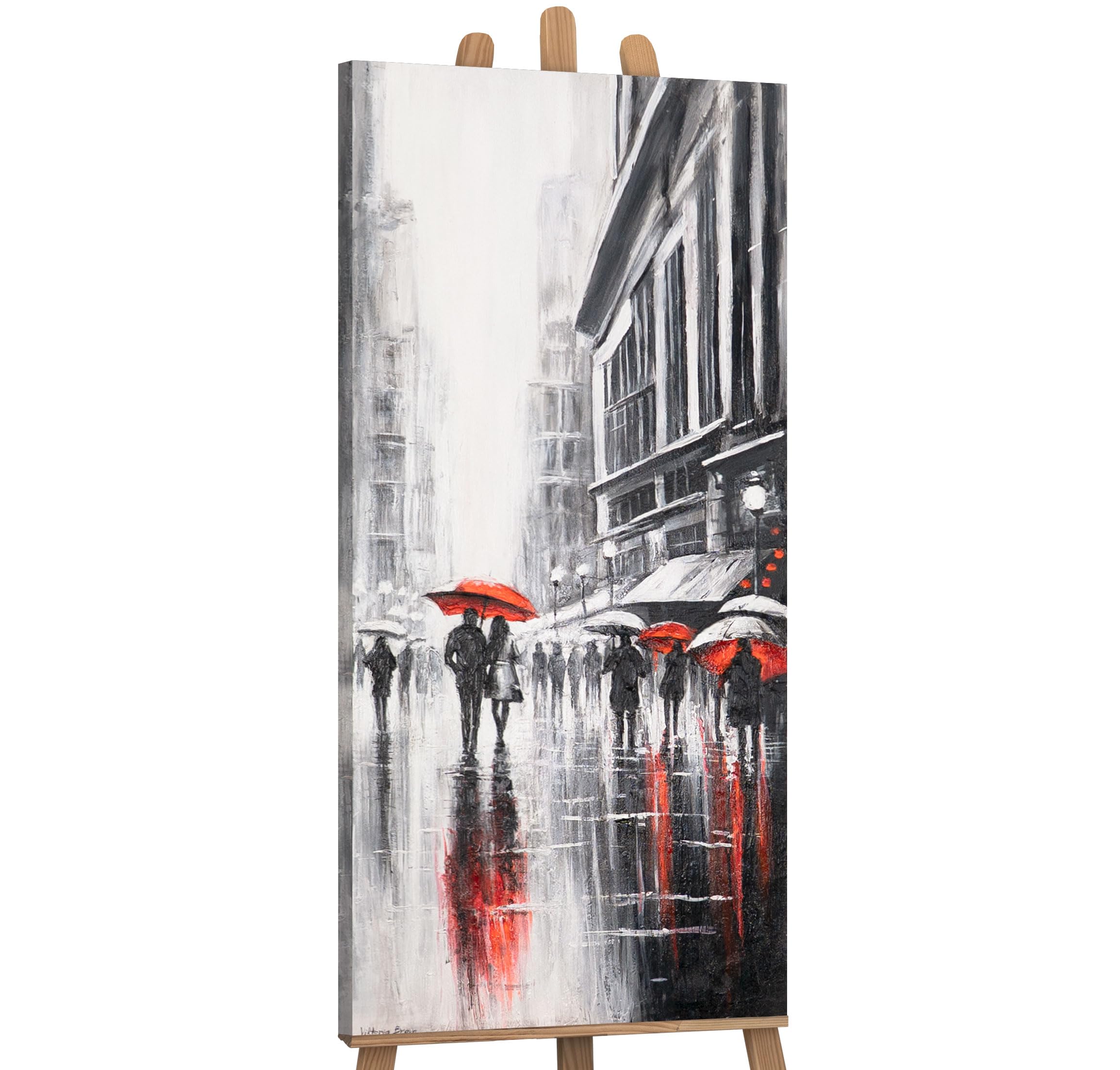 YS-Art Original Painting | Rainy City Street with Red Umbrellas