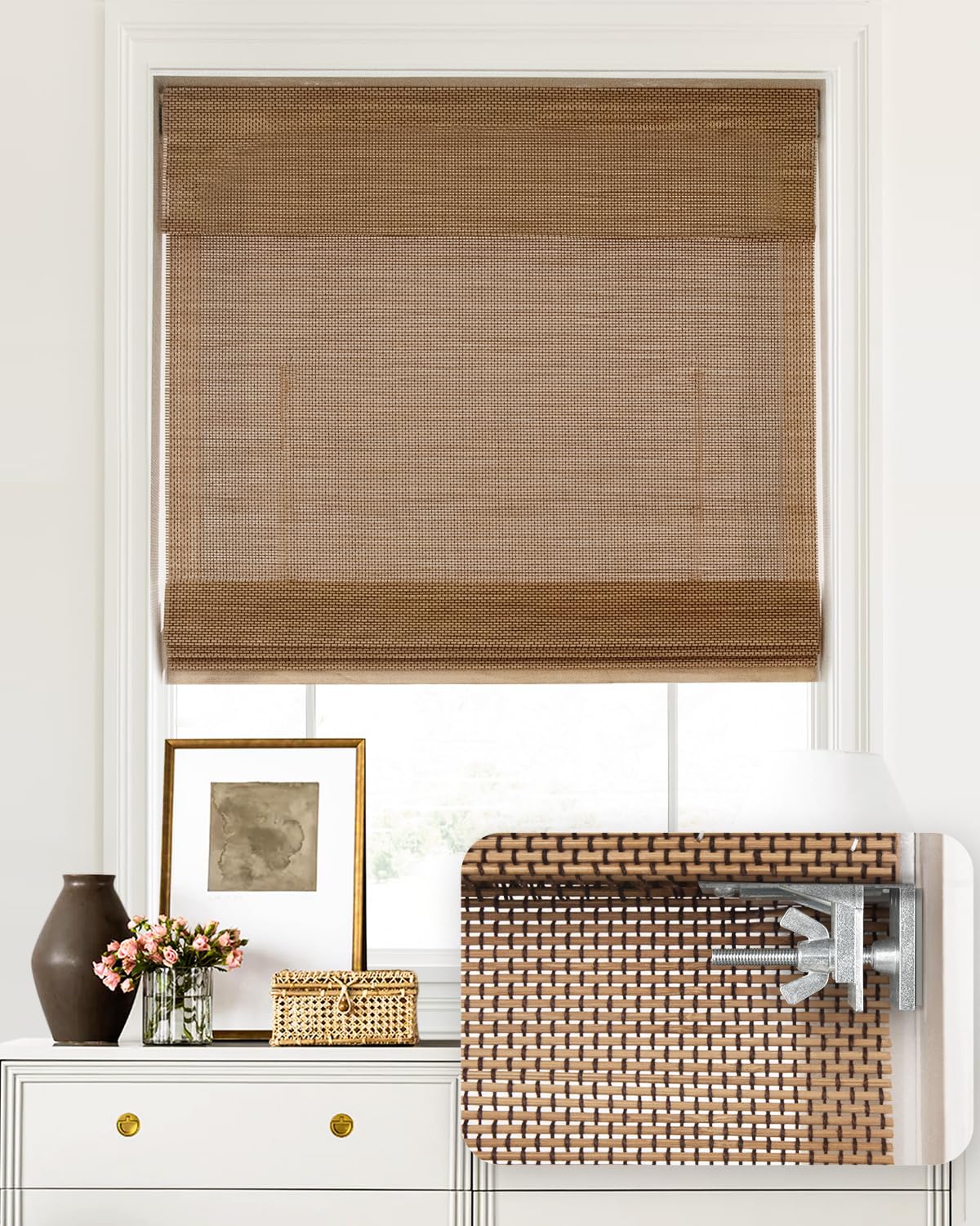 LazBlinds Cordless No Tools No Drill Cordless Bamboo Roman Shades, Light Filtering Window Treatment, Roll Up Bamboo Blinds for Windows, Sample Swatch Kit, Wood