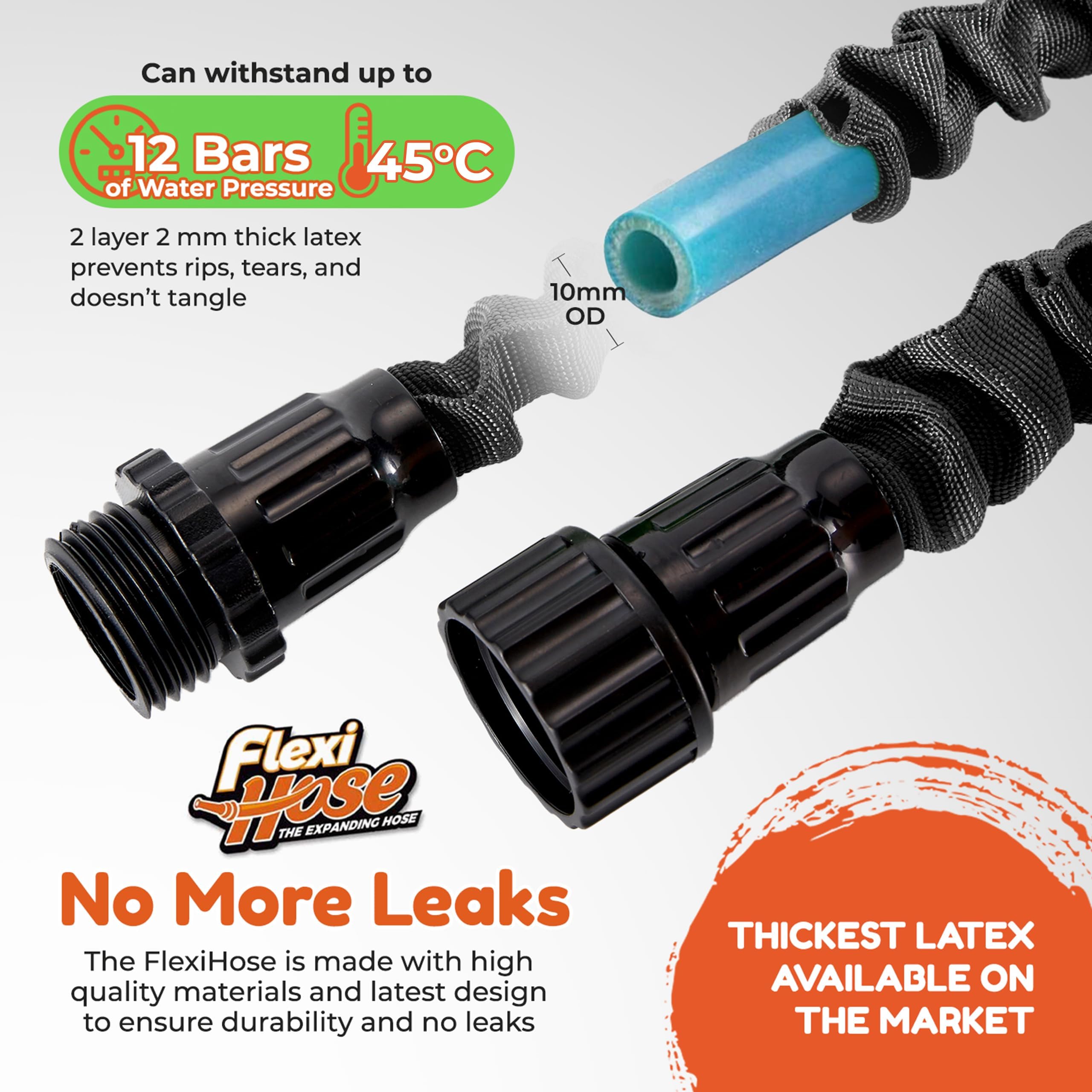 Flexi Hose Tuyau d'arrosage extensible – Tuyau d'arrosage robuste de 15 m, tuyau rétractable avec 1,9 cm – Design extensible et buse de pulvérisation incluse – Noir, 15 mètres