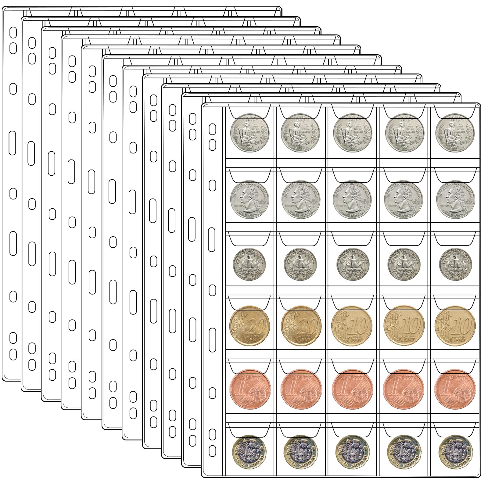 Münzhüllen mit 600 Fächern, 20 Blatt, Münzhalter für Sammler, Kunststoff-Münzschutzseiten, Sammelzubehör für Ordner mit Standard 9 Löchern (30 Taschen)