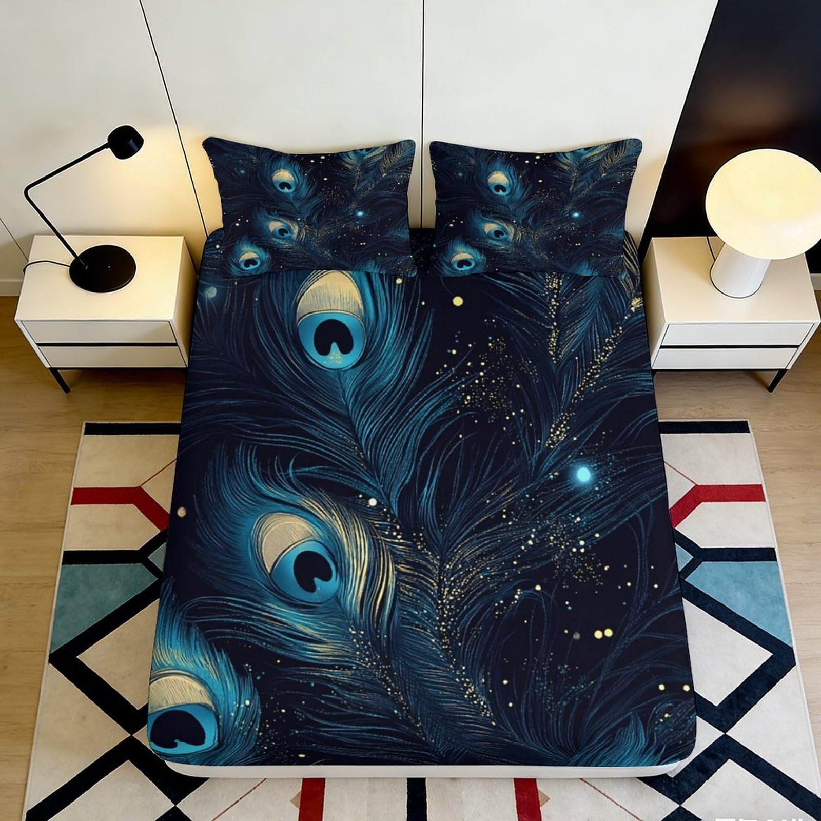 Uynsixtme Style-9 3D Printed Peacock Feather Fitted Sheet Microfiber Deep Pocket Non-Slip Bedding Peacock Feather Mattress Fitted Cover Washable 140X200x25cm