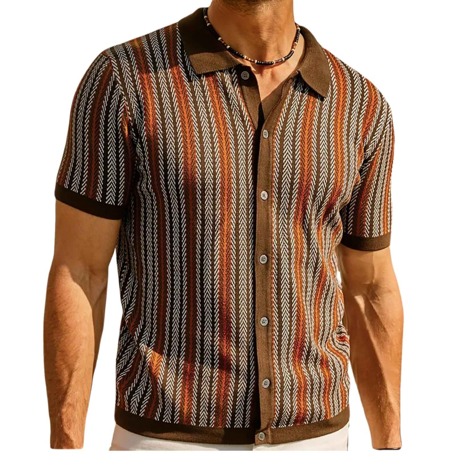 Mens Knit Polo Shirts Vintage Short Sleeve Shirt 3 retro color knit polo, soft herringbone vertical striped button down top for office vacation spring summer casual wear