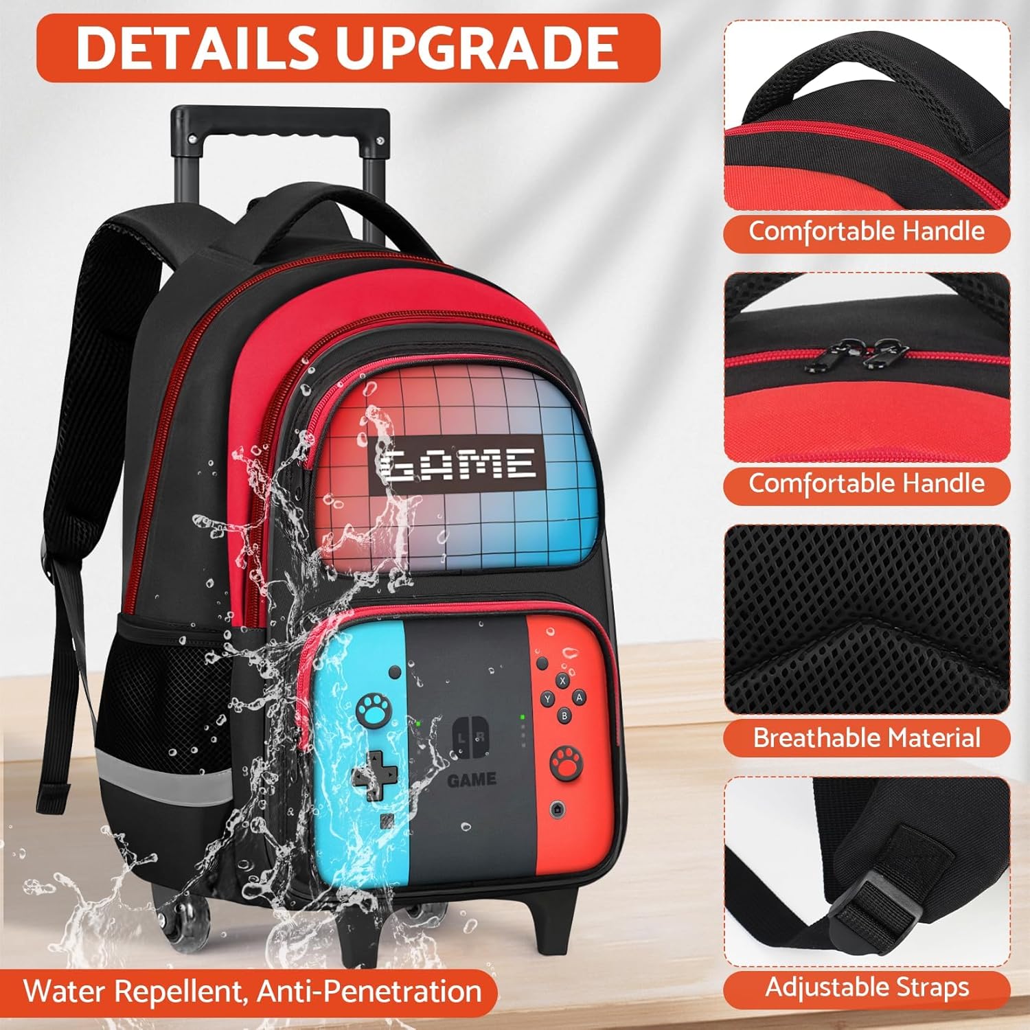 Boys Rolling Backpack for Kids - Gamer Kids Rolling Backpack with Wheels for Elementary Middle School - Roller School Bookbag,HFHTDC Wheeled Travel Bag for Boys Aged 6-18 - Image 2