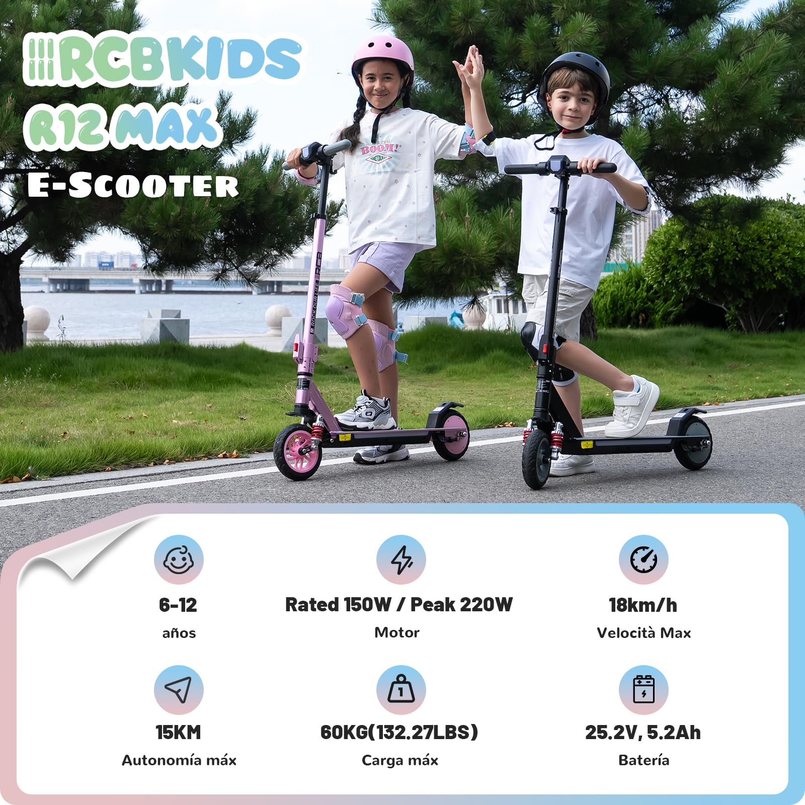 R12 MAX Patinete Eléctrico Niño 6-12 años, Scooter con Motor 150W, 3 Velocidades 6/12/18 km/h, Autonomía 15 km, Amortiguador, Altura Regulable, Luces LED y Pantalla, Plegable 7"