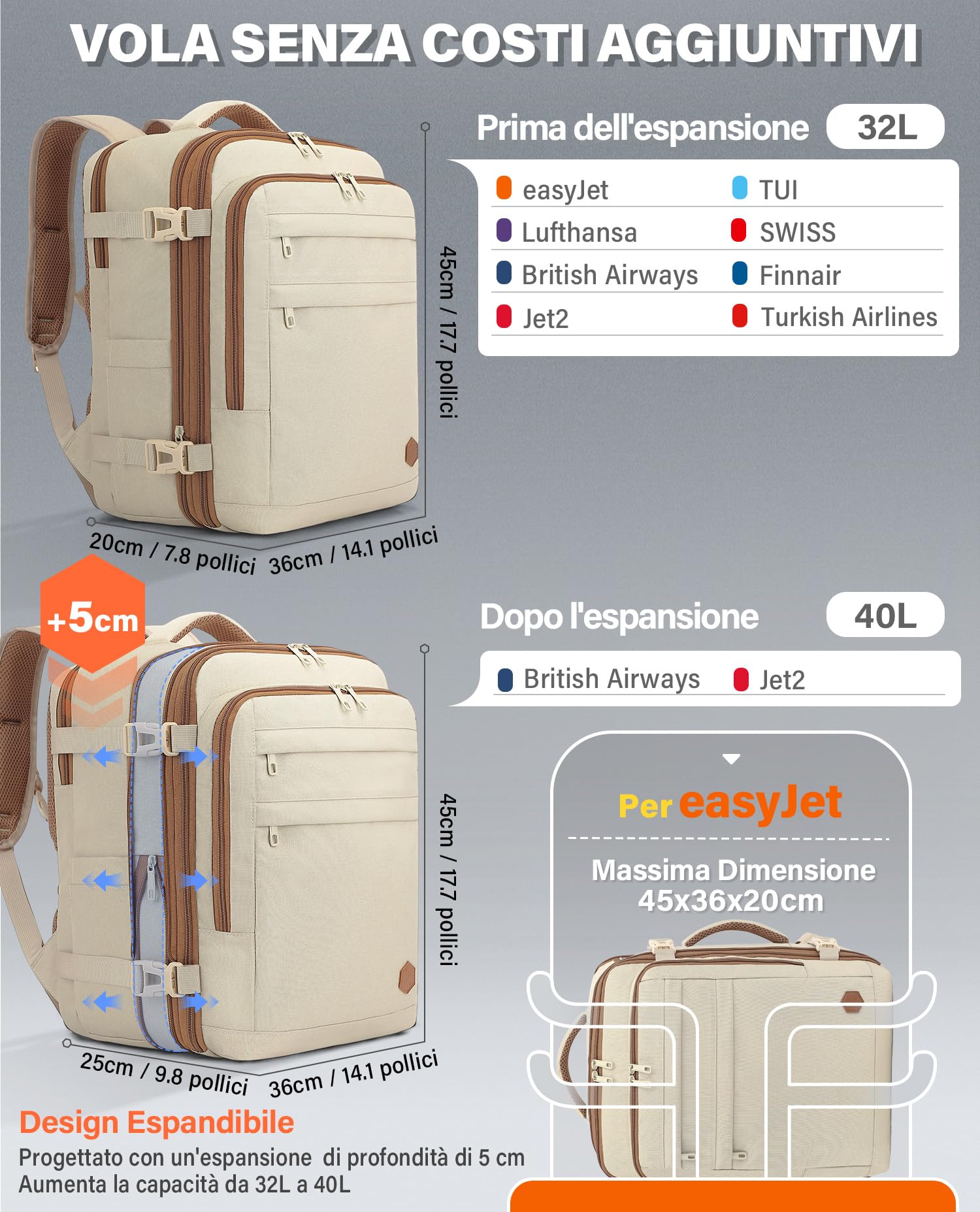 VANKEV Zaino da Viaggio Aereo per EasyJet Lufthansa British Airways Jet2 Espandibile 45x36x20 a 45x36x25, 32L a 40L, Bagaglio a Mano Per Viaggi Adatta a Laptop da 15,6 Pollici Beige