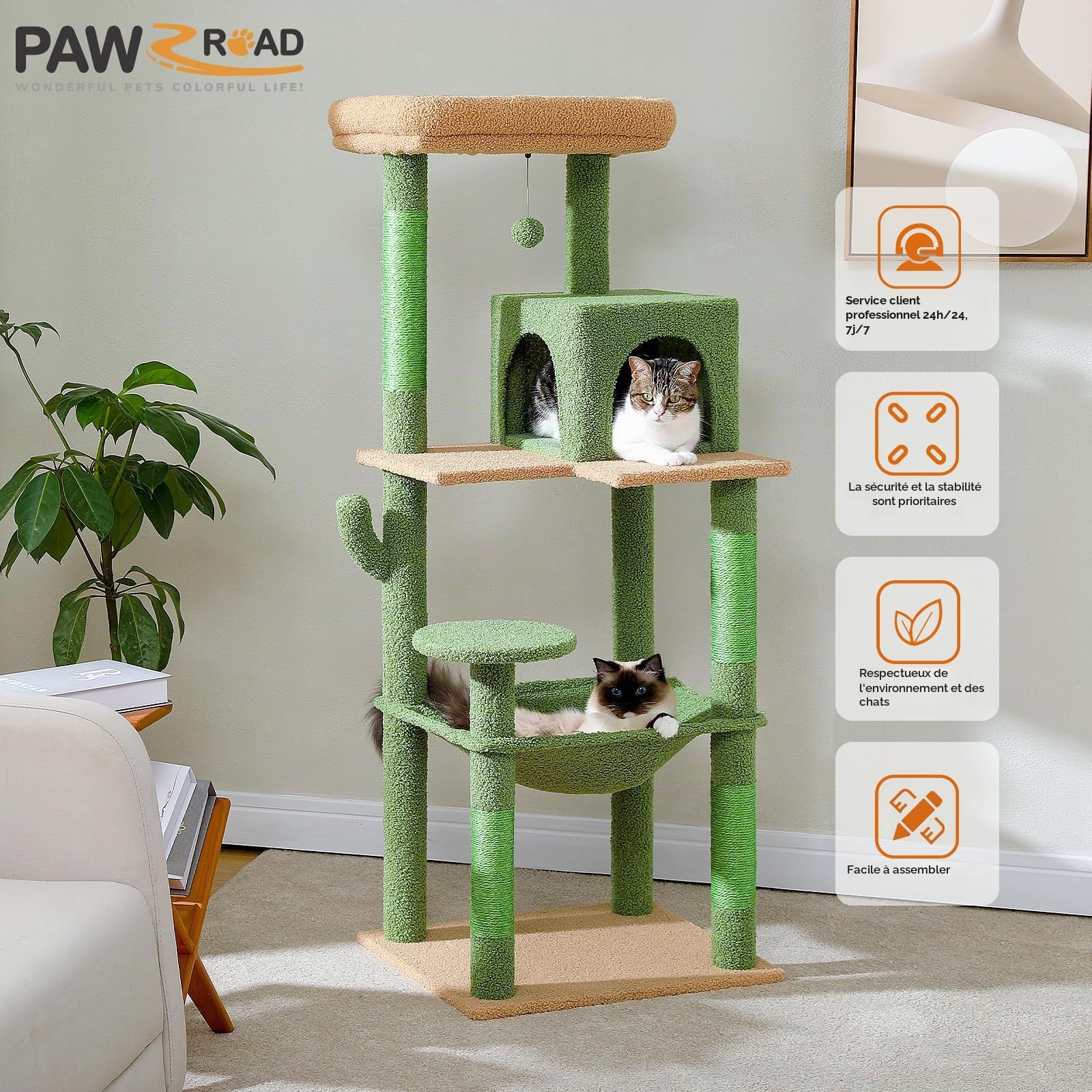 PAWZ Road Arbre a Chat Cactus 143 cm avec Hamac, Griffoirs et Niche, Vert