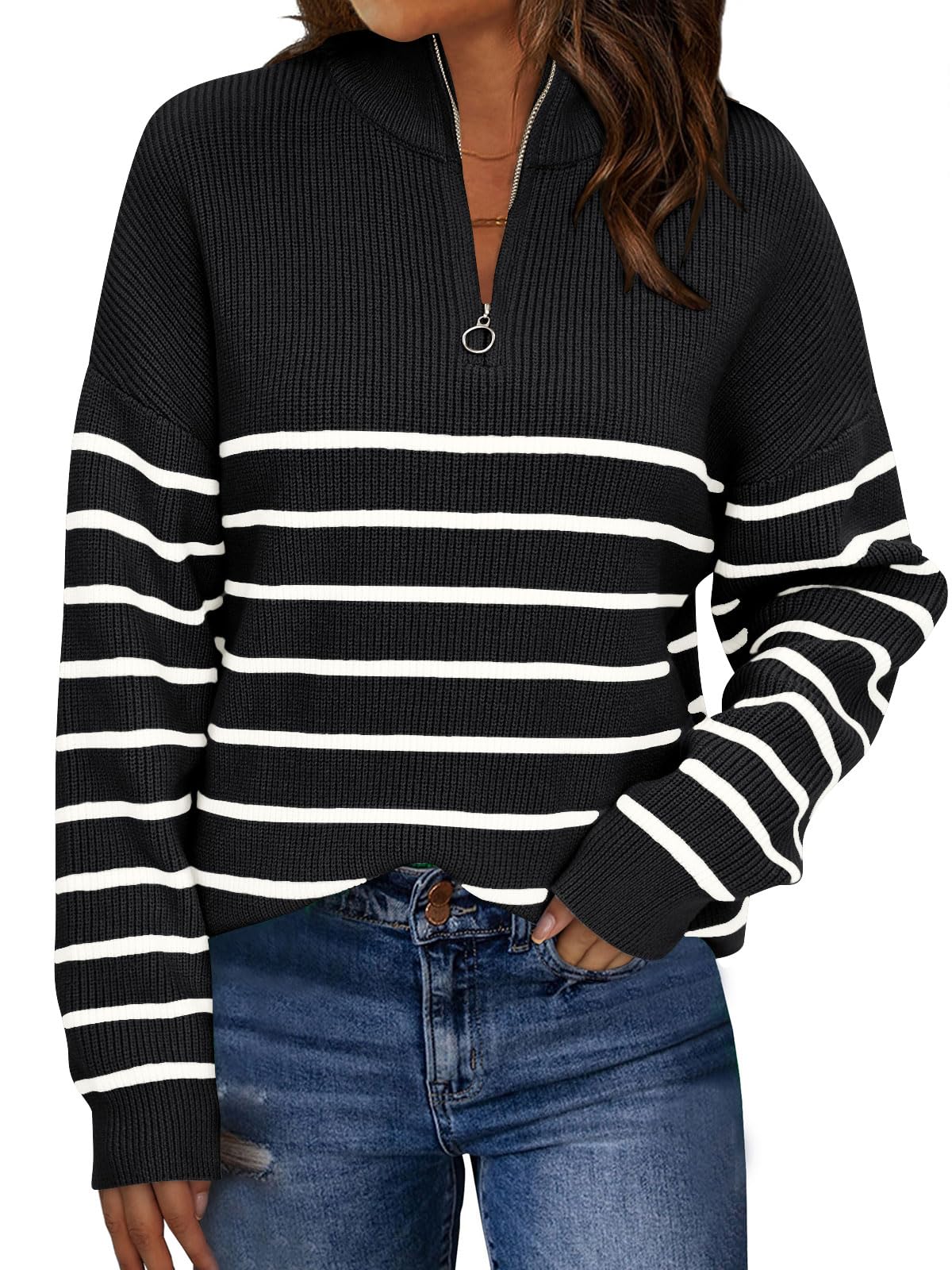 LILLUSORY Damen Pullover mit Viertelreißverschluss, gestreift, übergroß, Mock-Rollkragen, Herbstmode