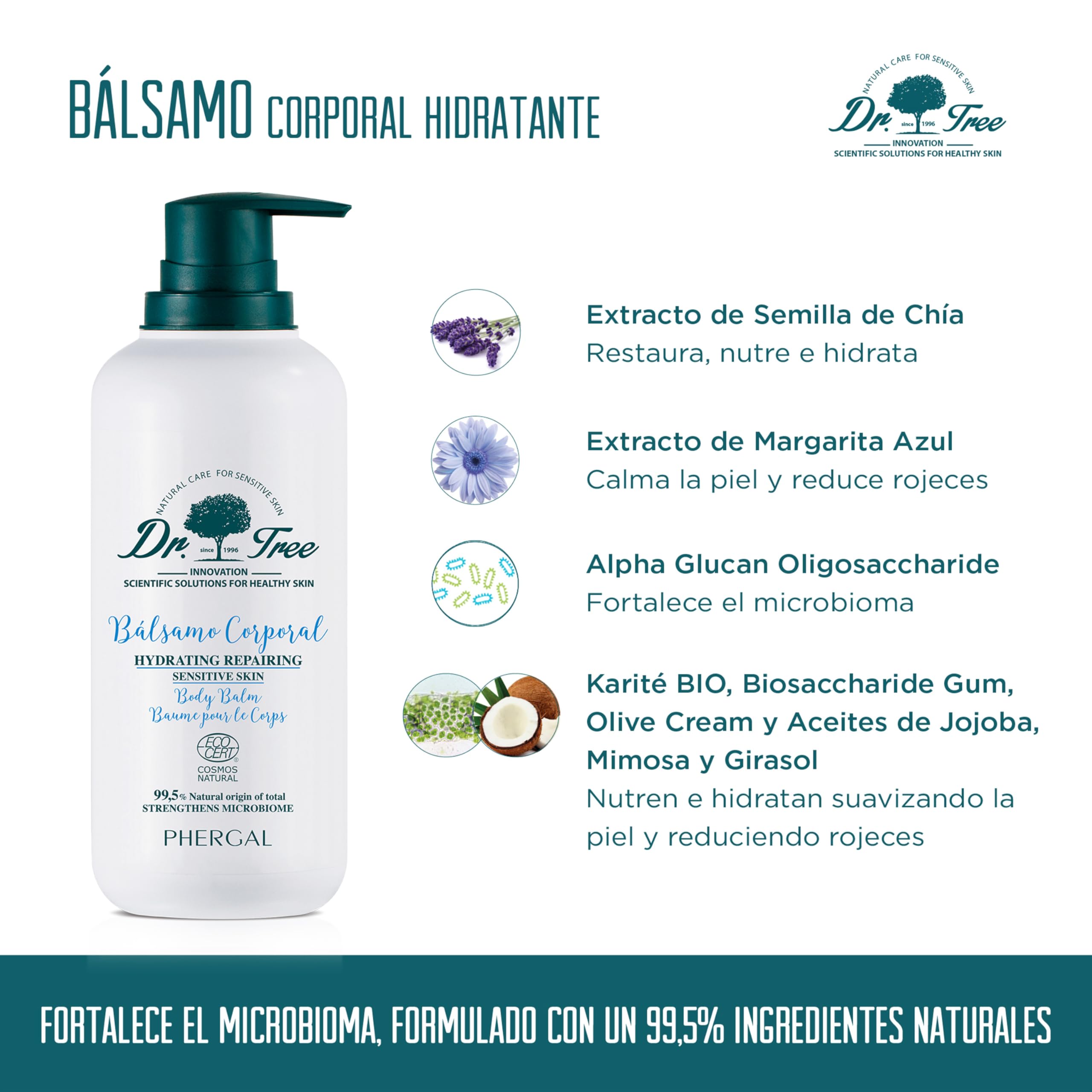 Dr. Tree Bálsamo Corporal Hidratante, Pieles Sensibles, Repara y Nutre, Rápida Absorción, Airless, Sin Sulfatos SLE, SLS, Sin parabenos, Sin siliconas, 99,5% Ingredientes Naturales, ECOCERT