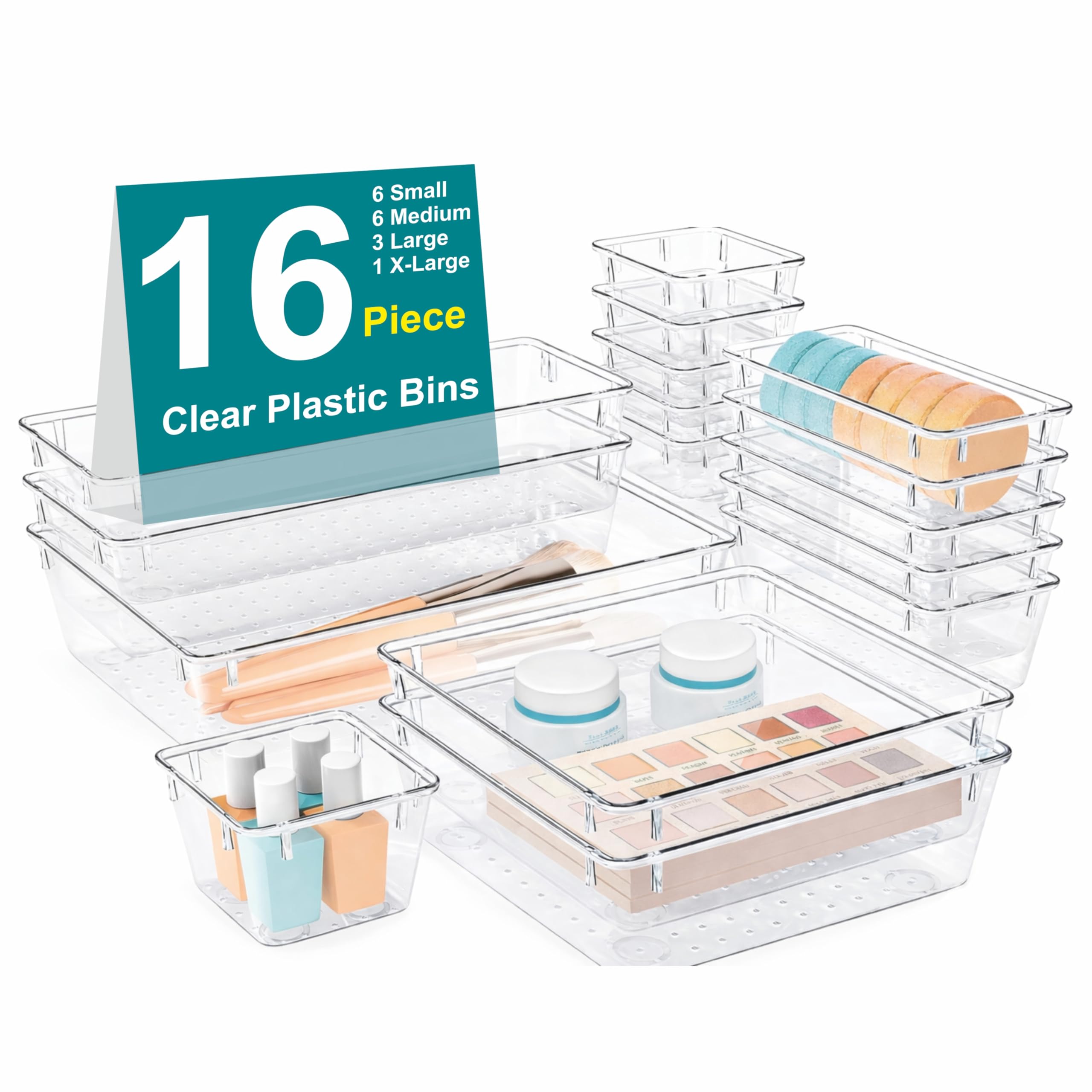 JIALTO 16-Piece Acrylic Drawer Organizer Divider Tray Set – Transparent Drawer Storage Box for Makeup, Kitchen, Stationery, Bathroom, Vanity & Dressing Table Organization (Clear, Multi Size)