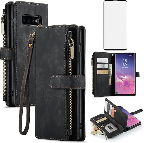 Asuwish Funda de teléfono para Samsung Galaxy S10 Plus Funda tipo cartera y protector de pantalla de vidrio templado de cuero con tapa para tarjeta