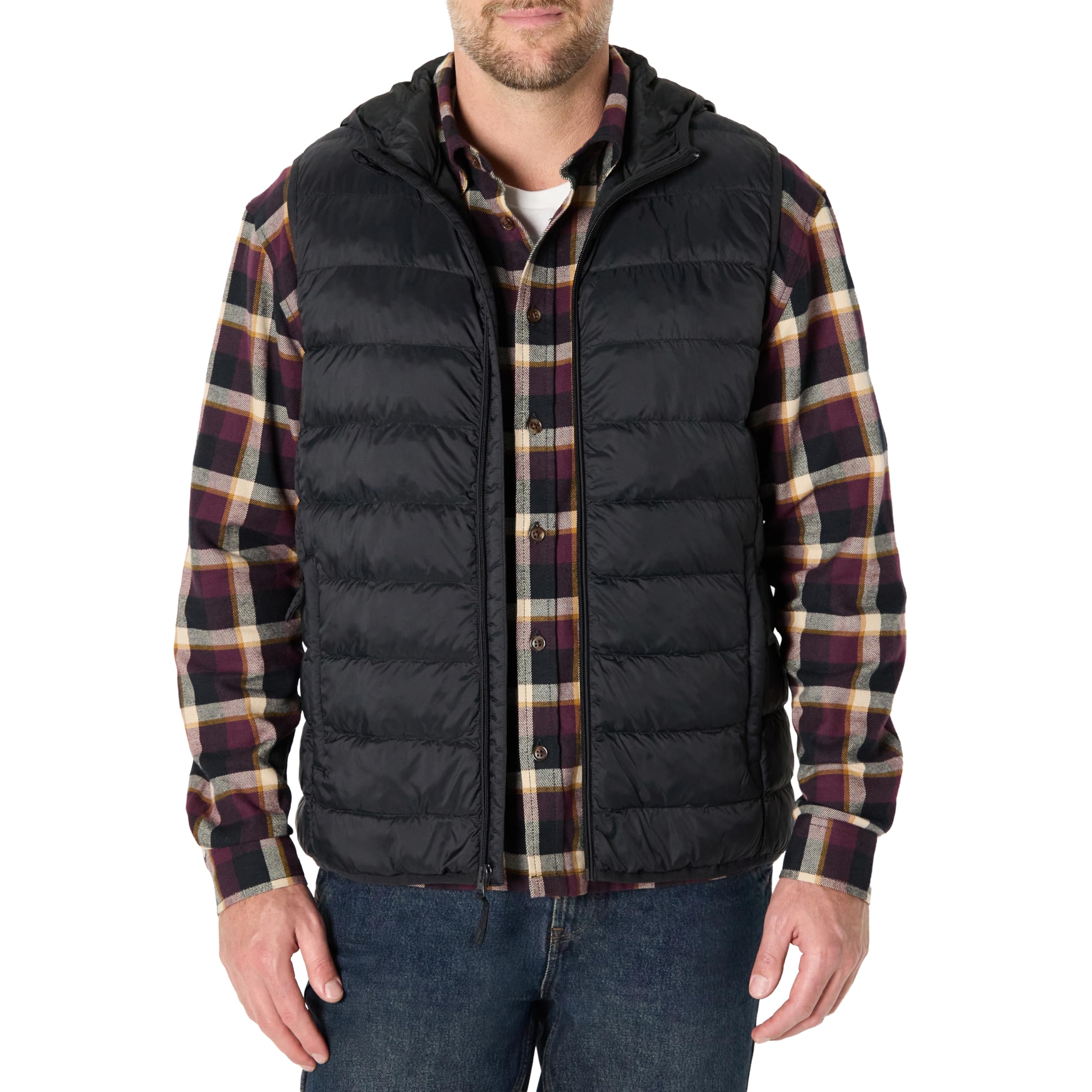 Amazon Essentials Men's Regular-Fit Lightweight Water-Resistant Hooded Puffer Vest, Black, Large