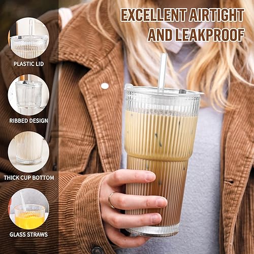 Miniatura 4 de Juego de 2 vasos de vidrio de 20 onzas con tapa y pajita, vaso de vidrio con popote y tapa, cristalería vintage para whisky, cóctel, cerveza, tazas