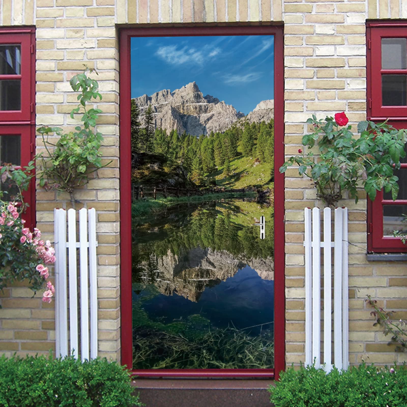 Stickers muraux salon porte et autocollant porte paysage montagne 90x200