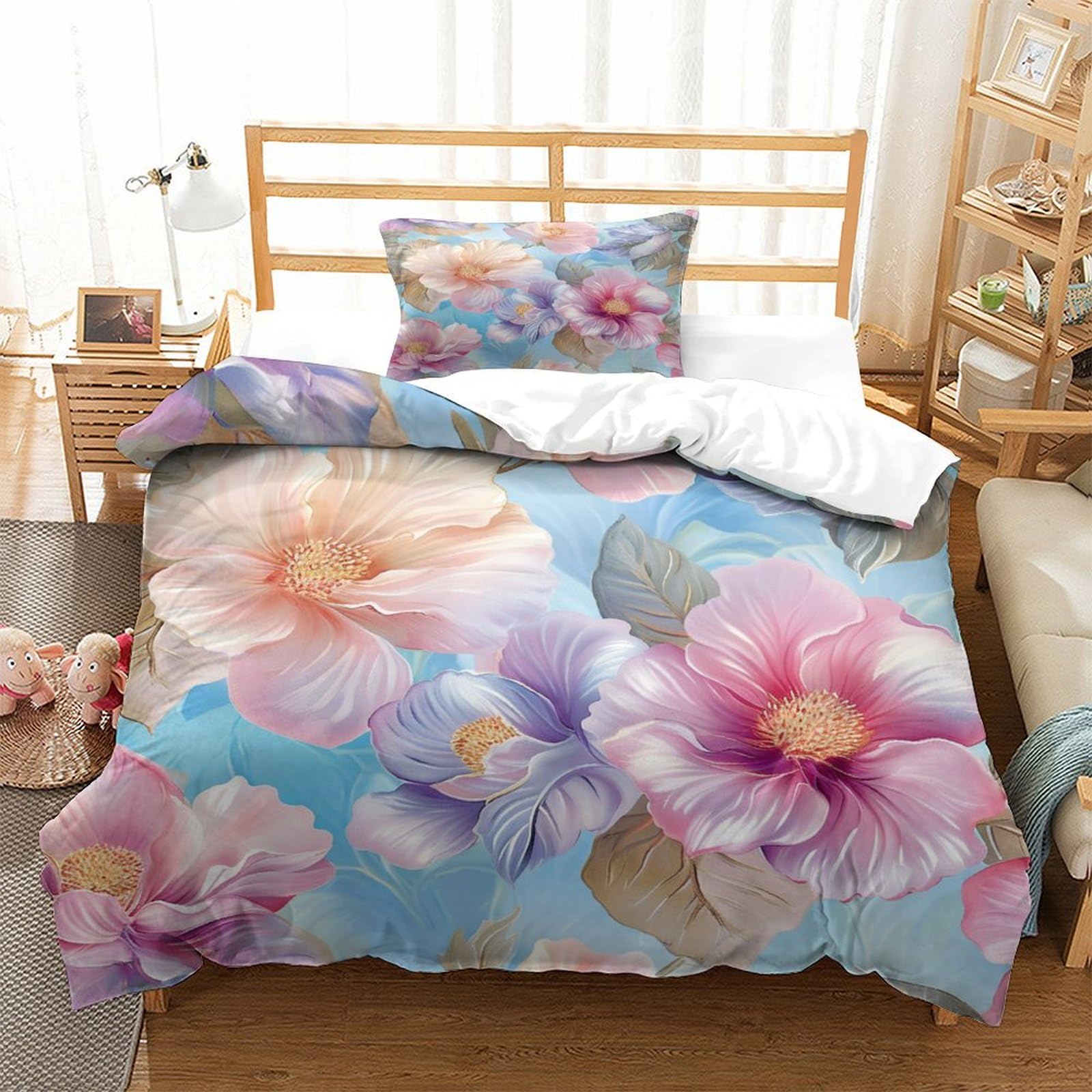 P1S9U7W5Y Floral Pattern 3D Printed Microfiber Duvet Cover Set 3pcs Flower Bedding Set Single（135x200cm）