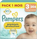 Pampers Couches Premium Protection Taille 3 (6-10 kg), 204 Couches Bébé, Pack 1 Mois, Notre N°1 Pour La Protection Des Peaux Sensibles - 1