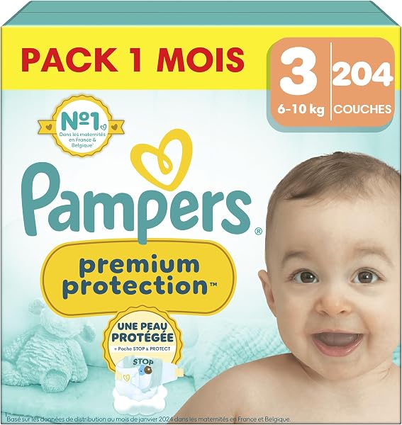 Pampers Couches Premium Protection Taille 3 (6-10 kg), 204 Couches Bébé, Pack 1 Mois, Notre N°1 Pour La Protection Des Peaux Sensibles - 1